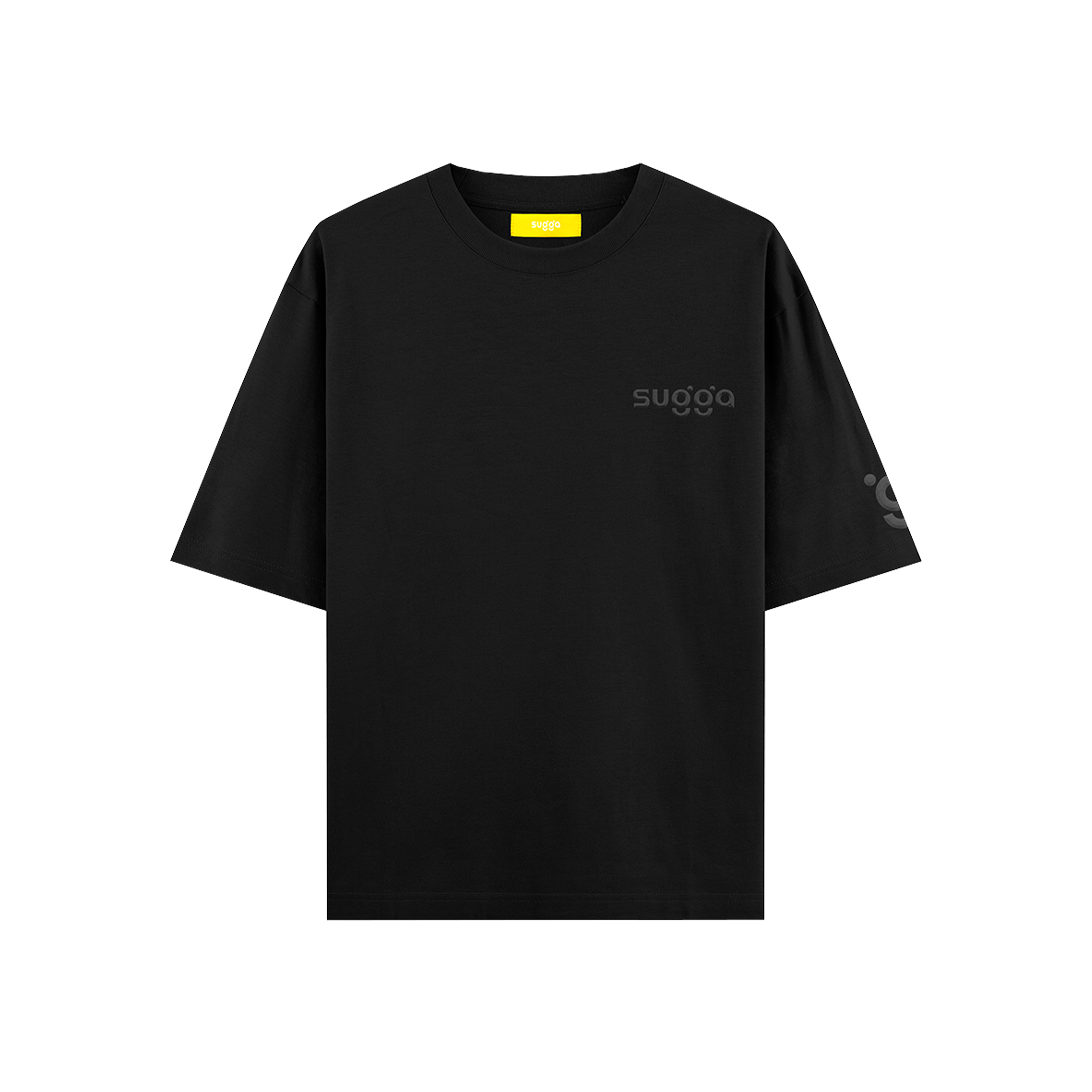 Black streetwear t-shirt with subtle Sugga logo on chest and graphic on sleeve, front view