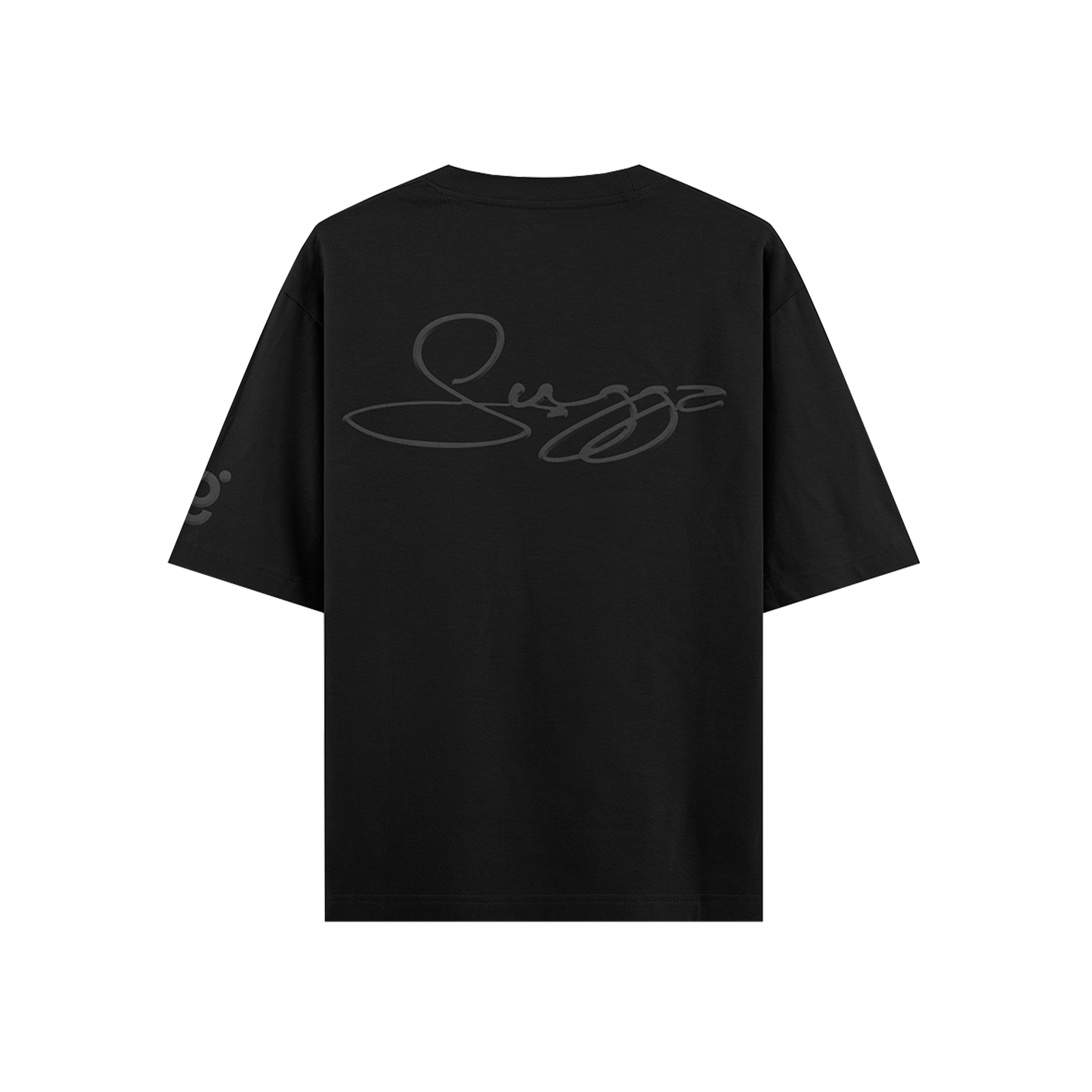 Black streetwear t-shirt with oversized fit and abstract logo graphic on the back.