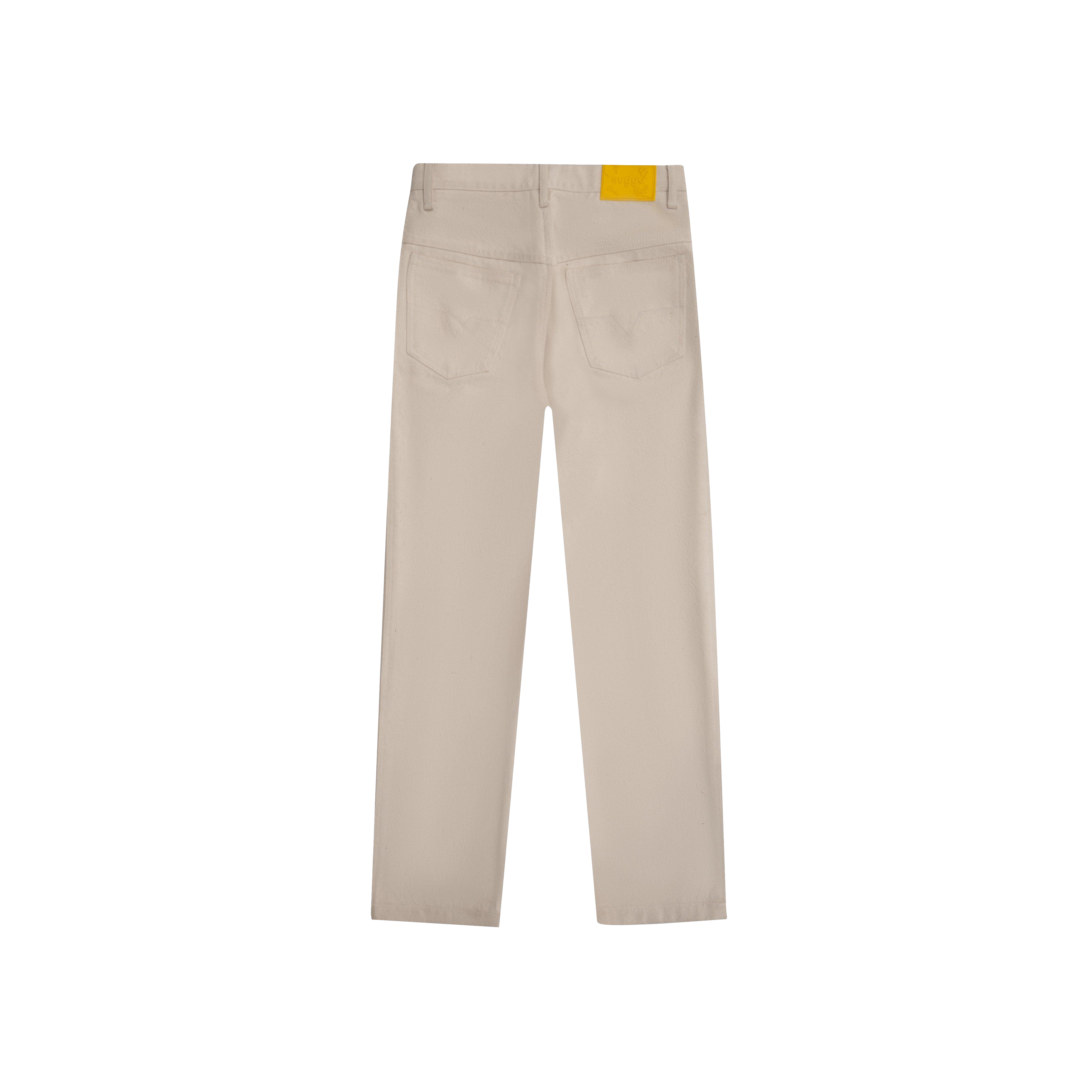 Back view of beige double pleated jeans with two pockets and yellow patch on waistband