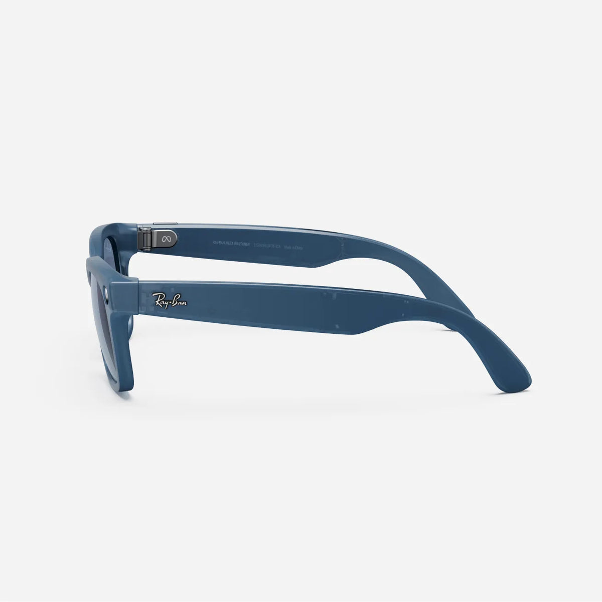 Blue square-frame designer sunglasses with logo on temple, side view on white background