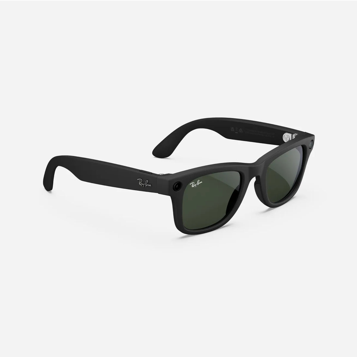 Black wayfarer sunglasses with green lenses and logo detail on the temples