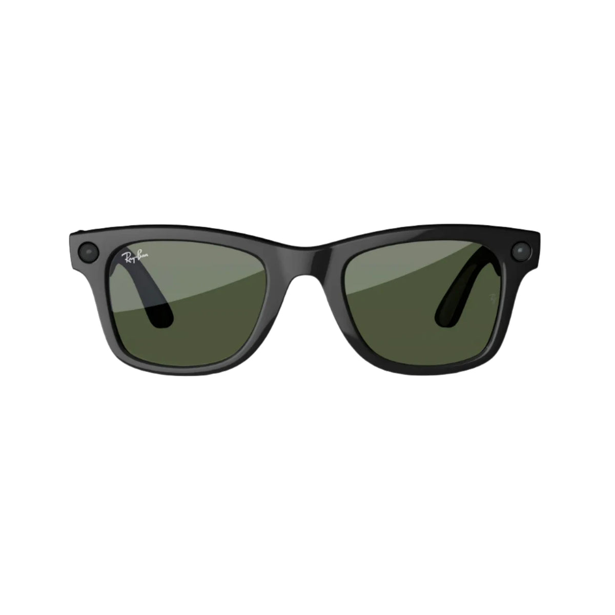 Classic black wayfarer sunglasses with green lenses, stylish streetwear accessory.