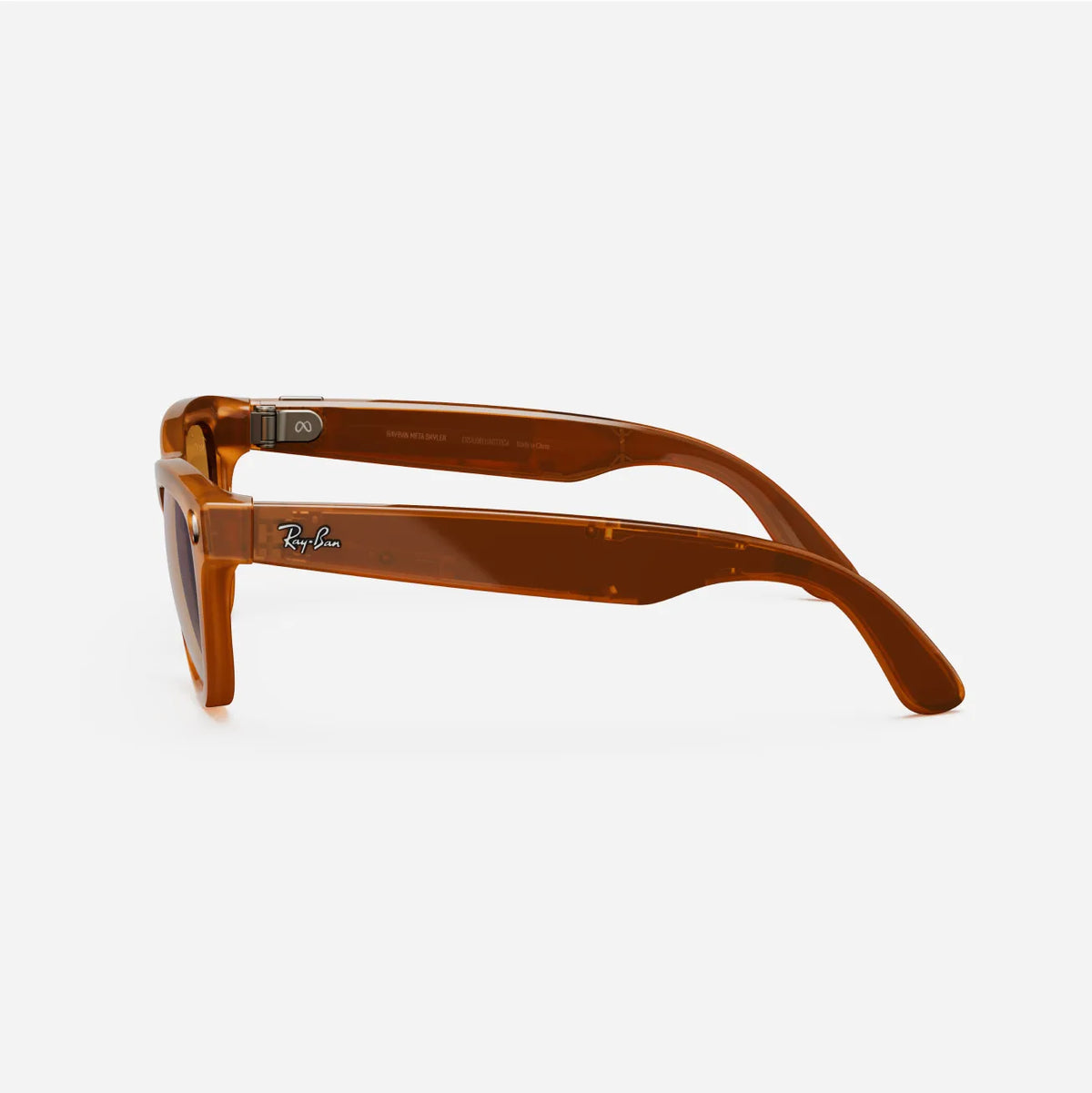 Side view of brown square-frame designer sunglasses with logo on the arm