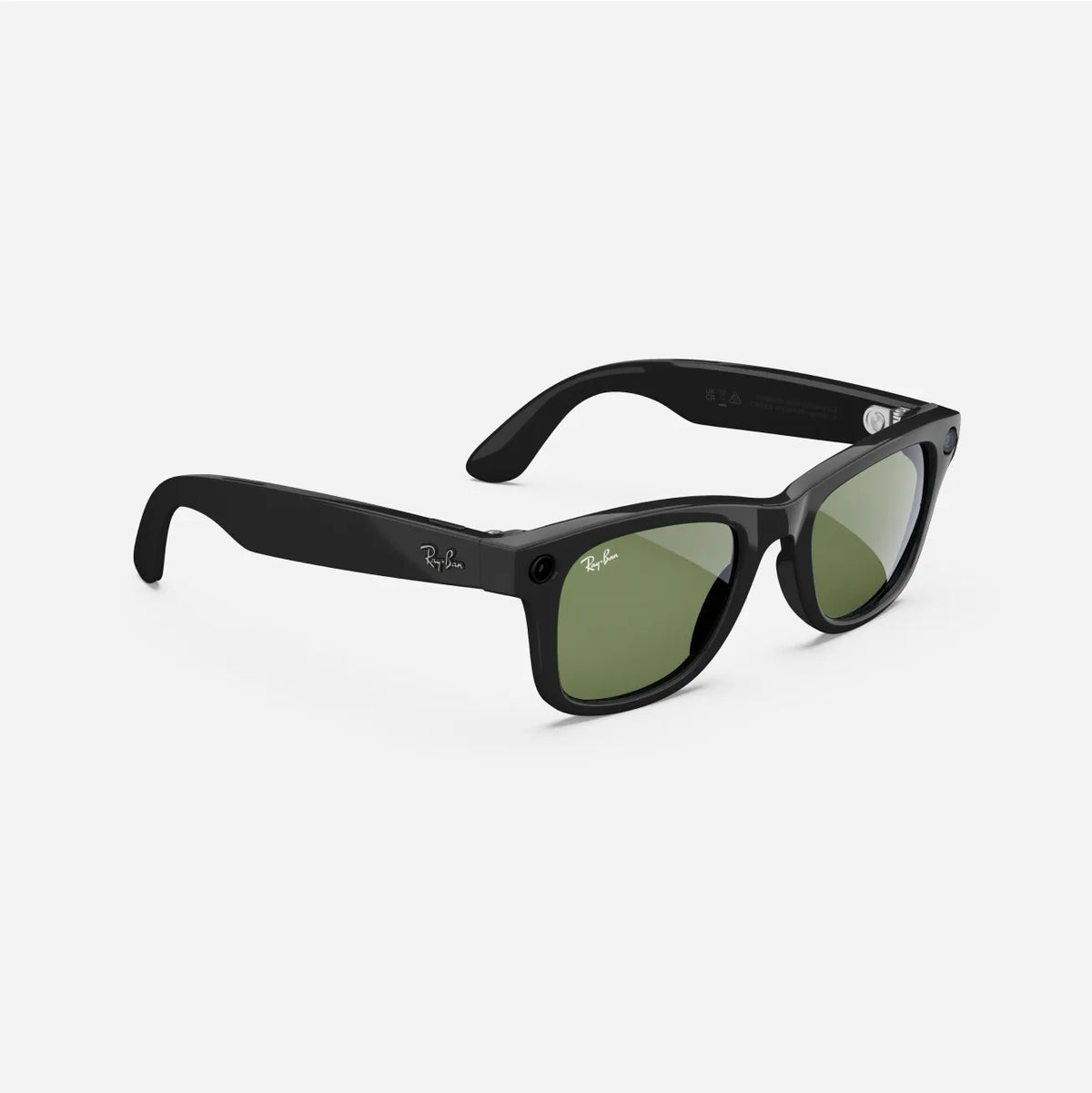 Black wayfarer sunglasses with green lenses on a white background