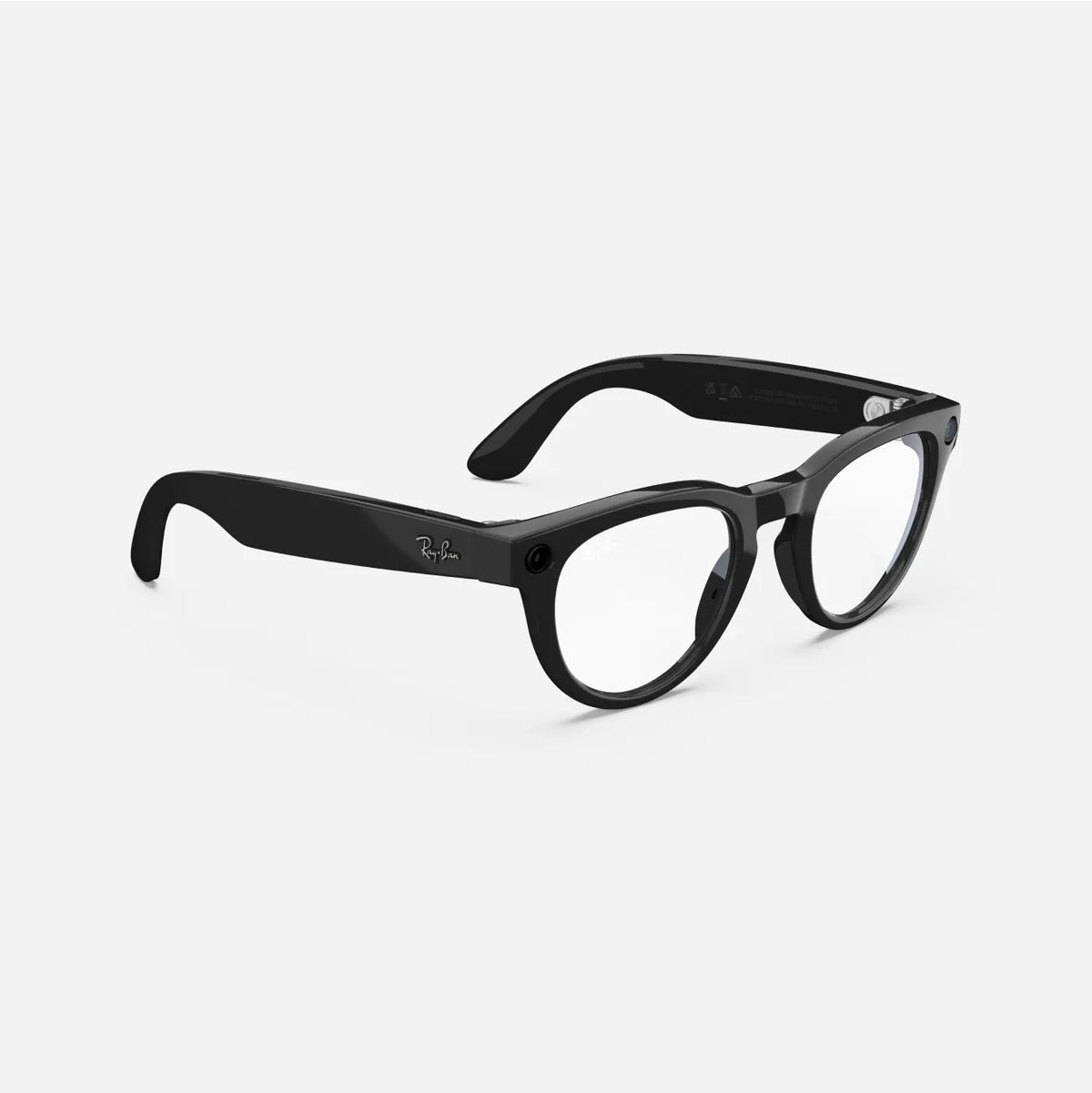 Black round frame eyeglasses with clear lenses and logo on temple against white background.