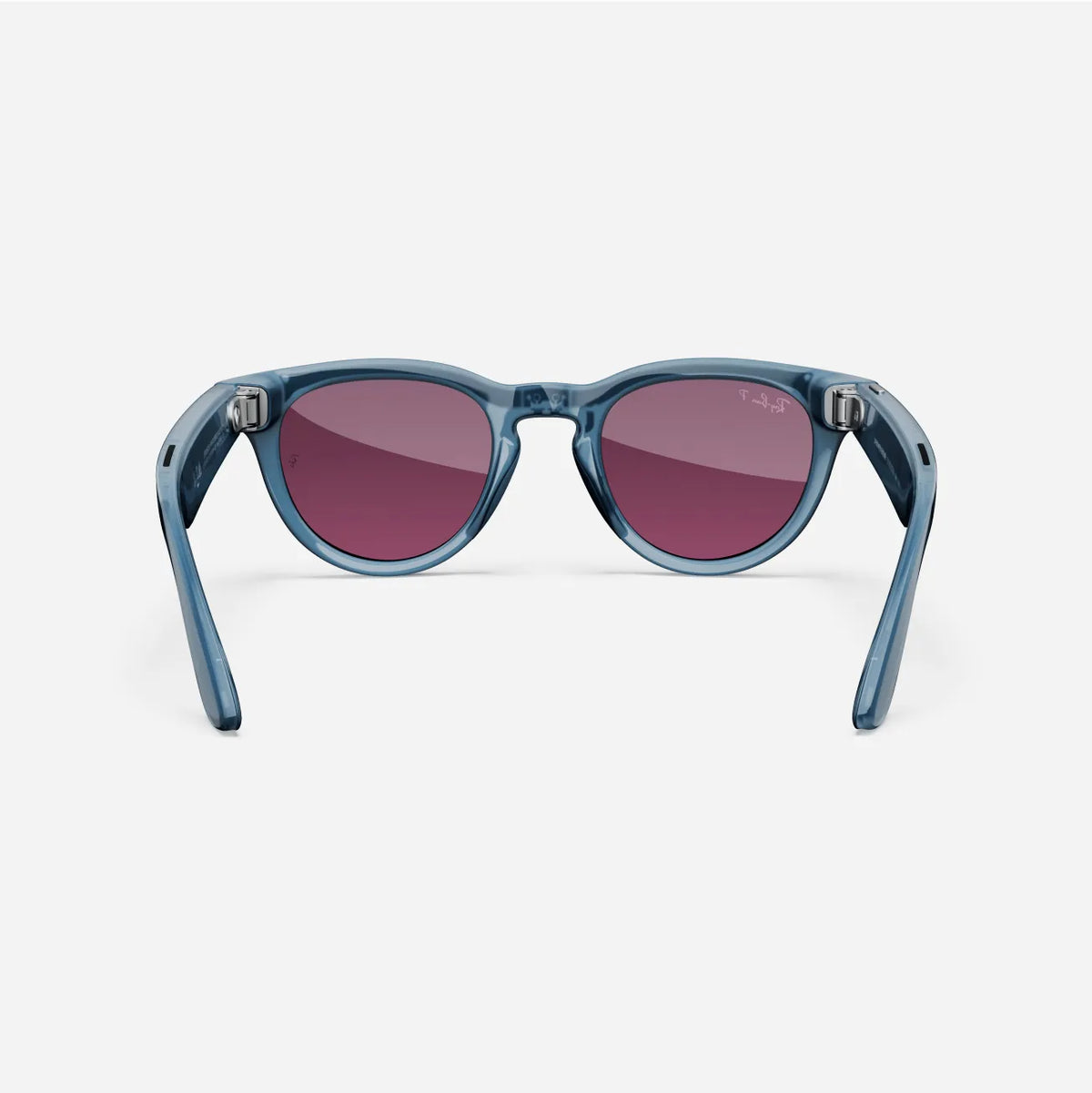 Blue acetate frame sunglasses with round purple-tinted lenses on white background