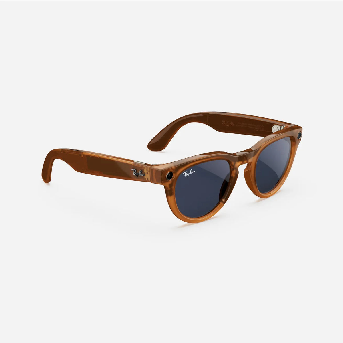Brown wayfarer sunglasses with dark lenses and silver detail on white background