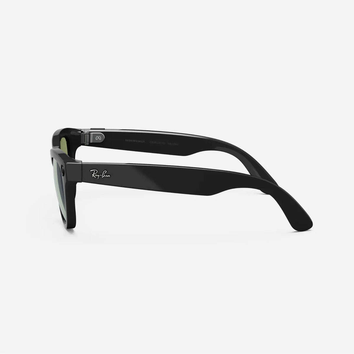 Side view of black Ray-Ban sunglasses with rectangular frames on white background