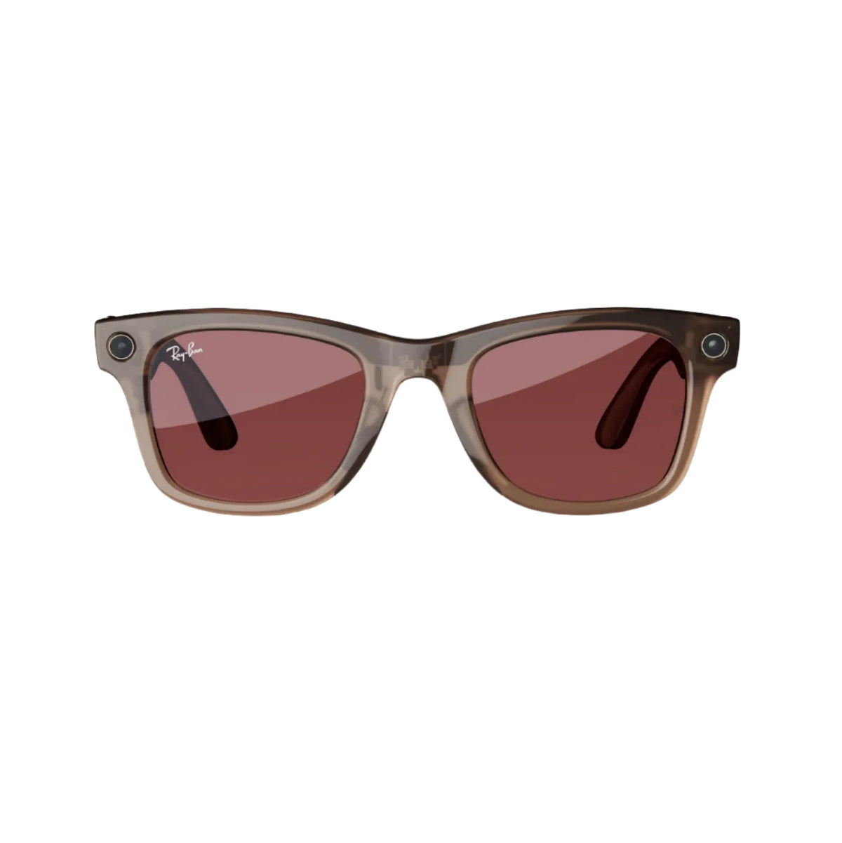 Brown wayfarer sunglasses with red lenses and small logo on the top left lens