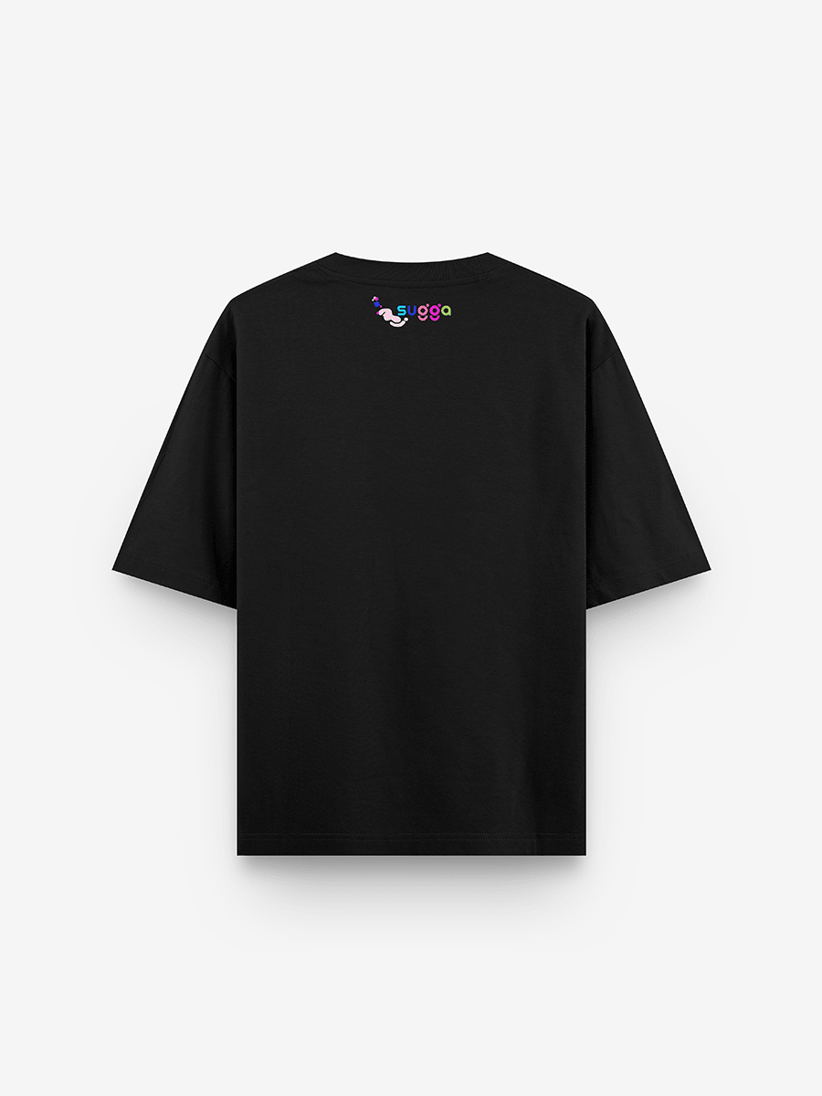 Black streetwear t-shirt with small colorful graphic near neck on back