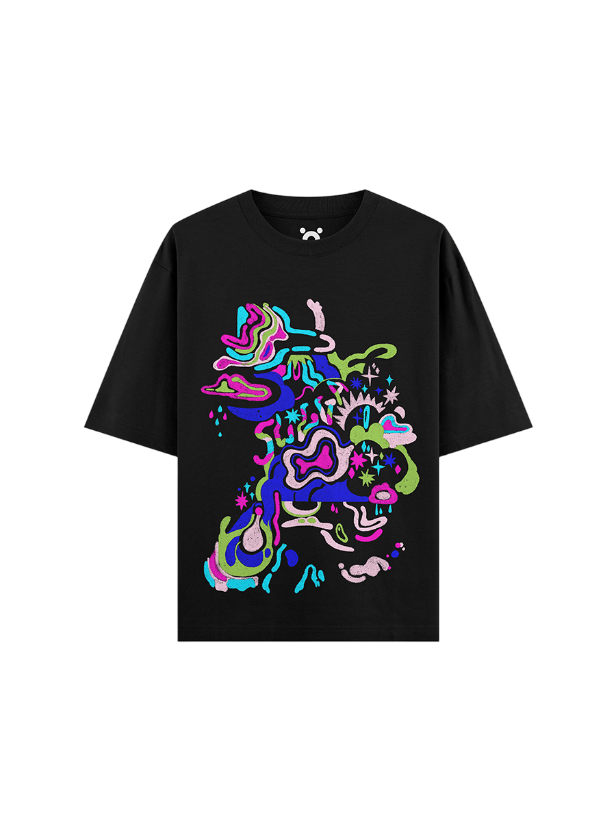 Black streetwear t-shirt with vibrant abstract multicolor graphic and star accents on front