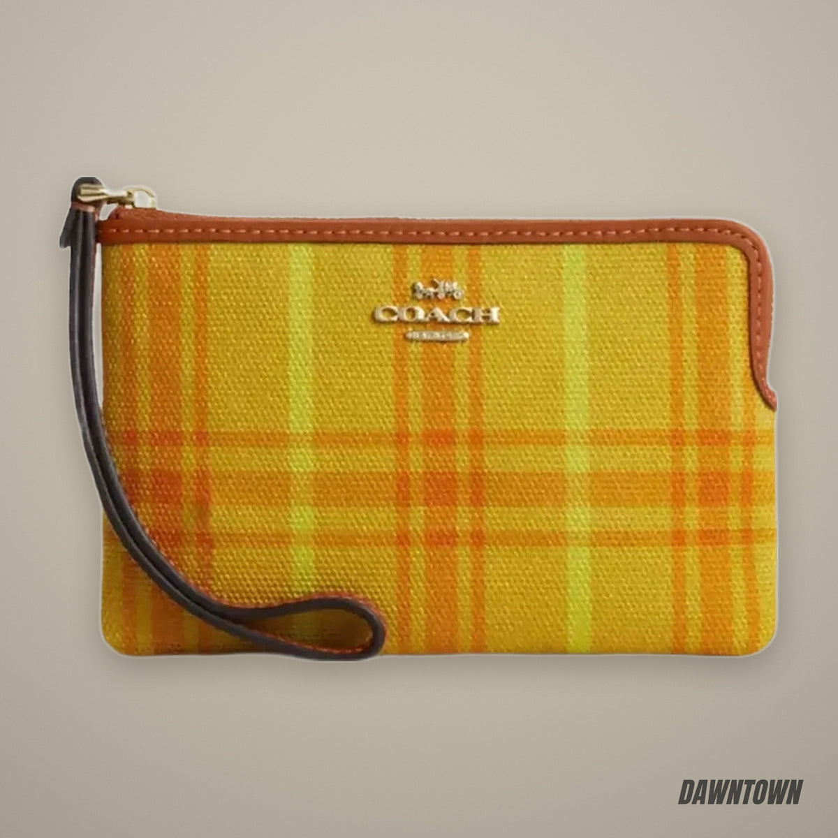 Coach Corner Zip Wristlet In Regenerative Cotton With Plaid Print in Gold Burnished Amber