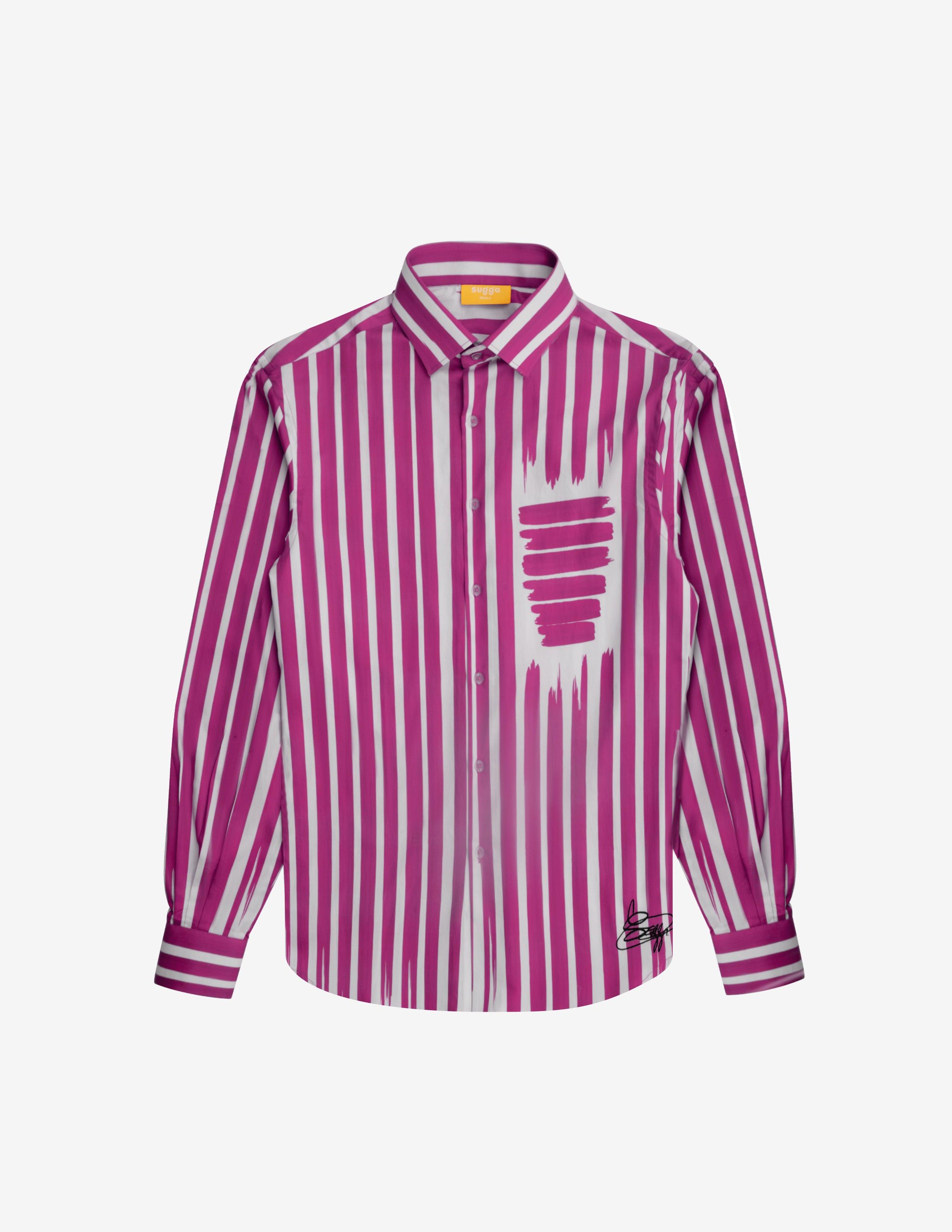 Pink and white striped long sleeve button-up shirt with brushstroke pattern, streetwear style