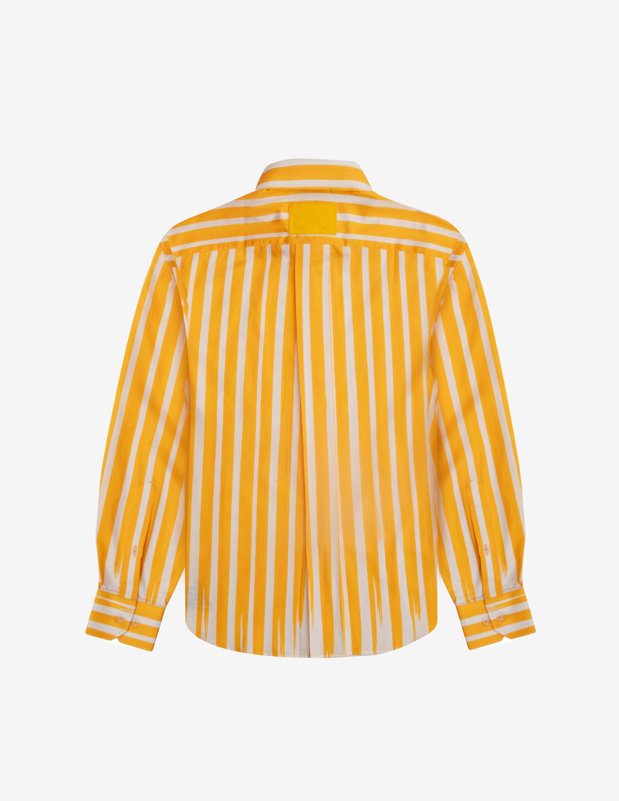 Yellow and white vertical stripe streetwear shirt, long sleeves, back view