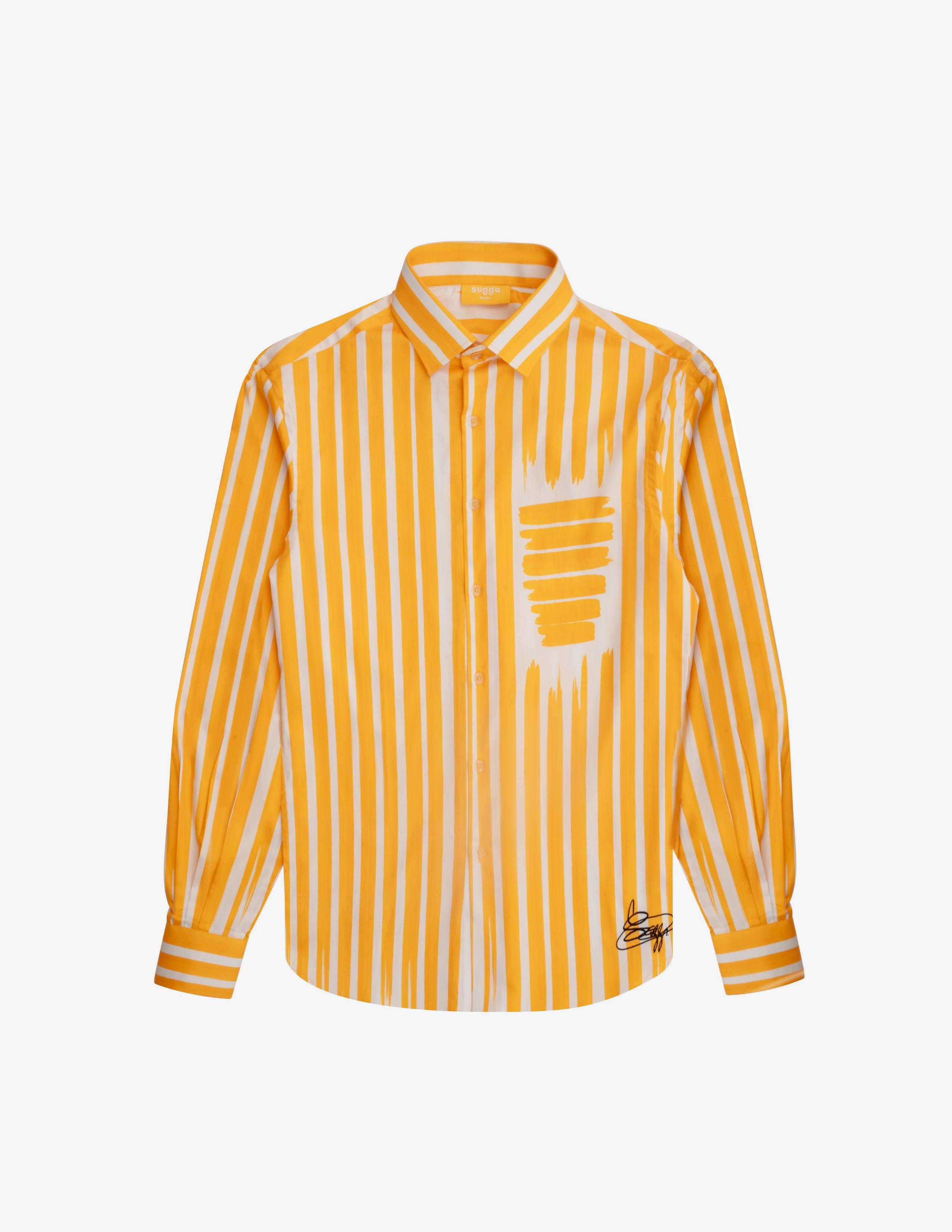 Yellow and white vertical striped shirt with brushstroke accents, button-up design