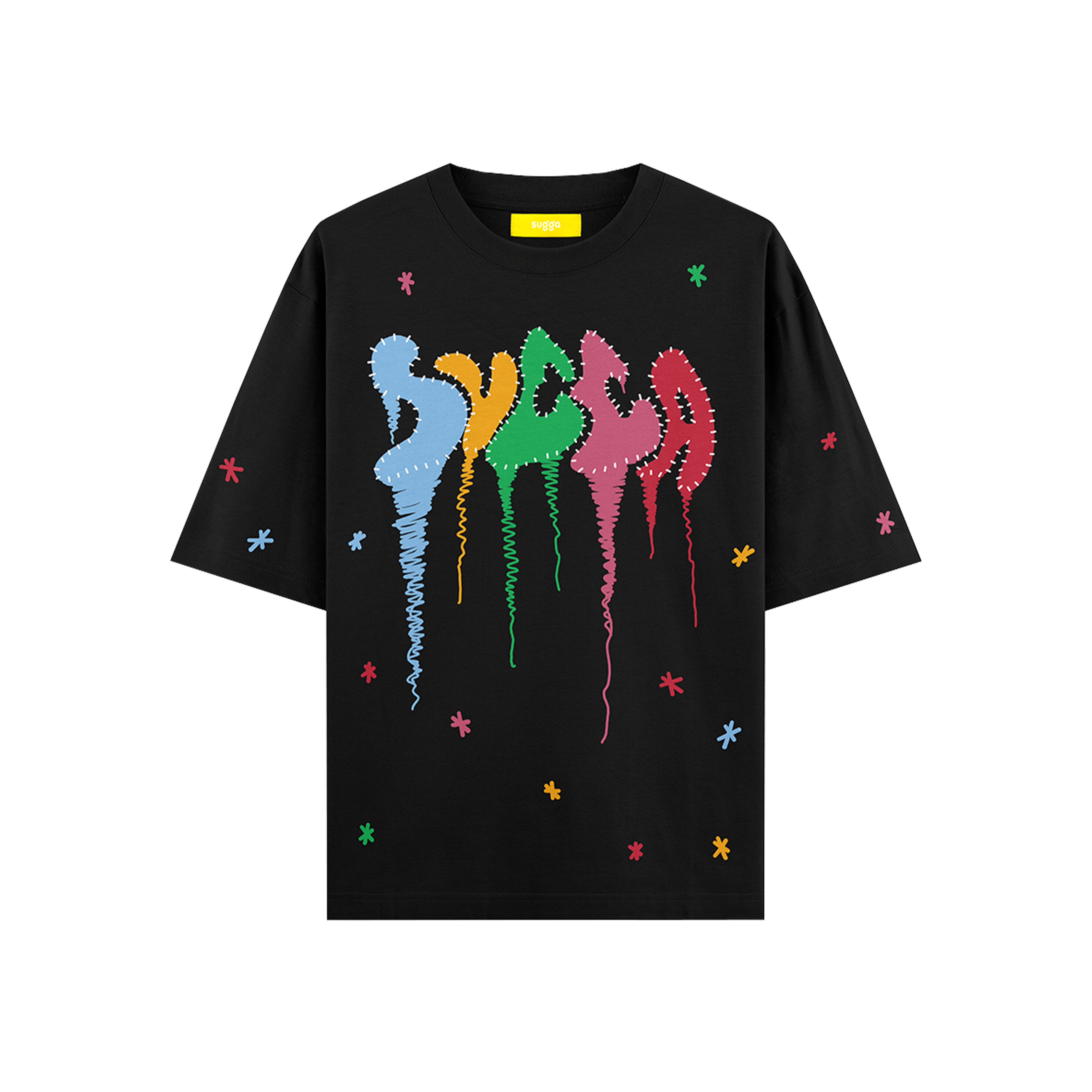 Black streetwear t-shirt with colorful abstract graphic and embroidered star accents