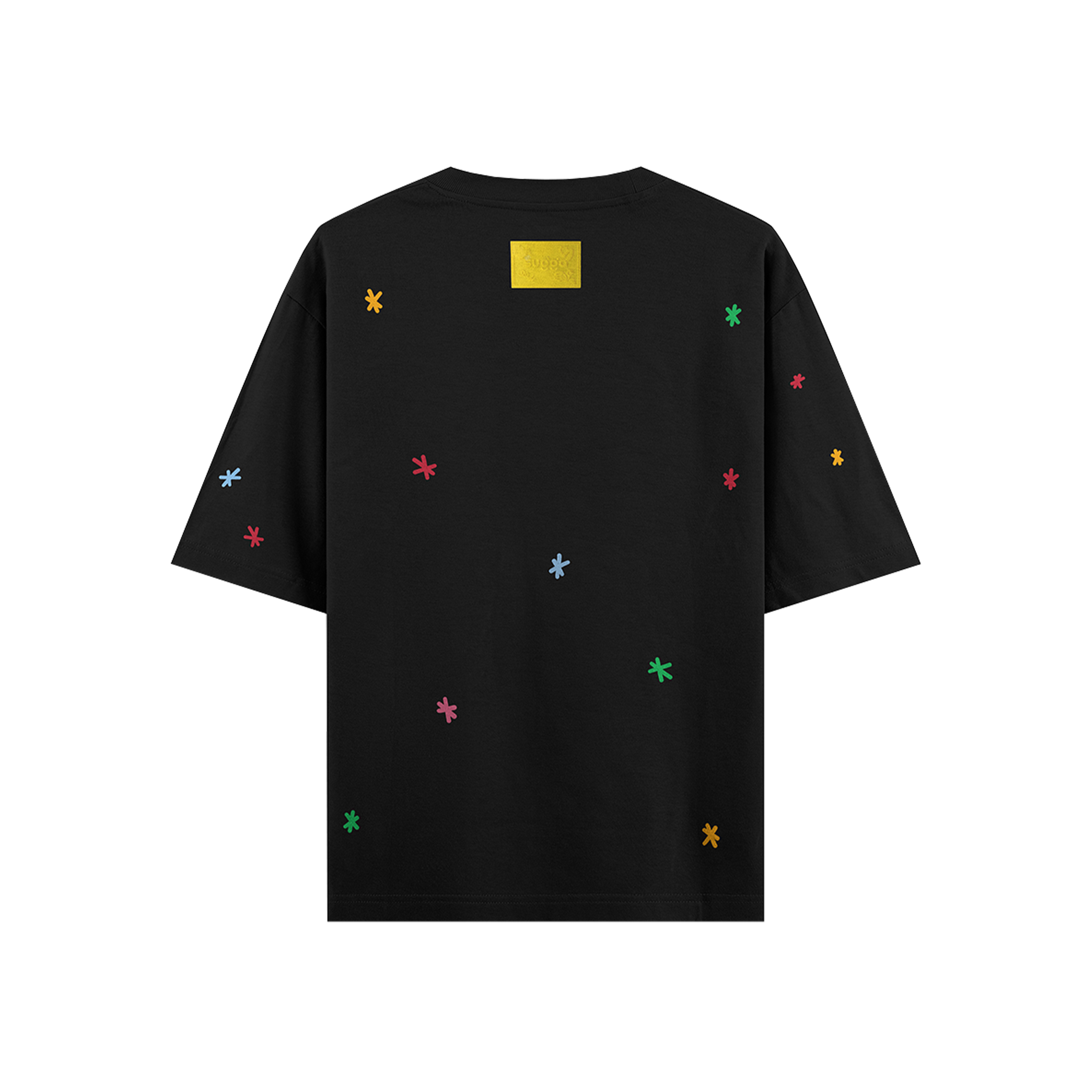 Black streetwear t-shirt with colorful embroidered star patches and a yellow label on the back