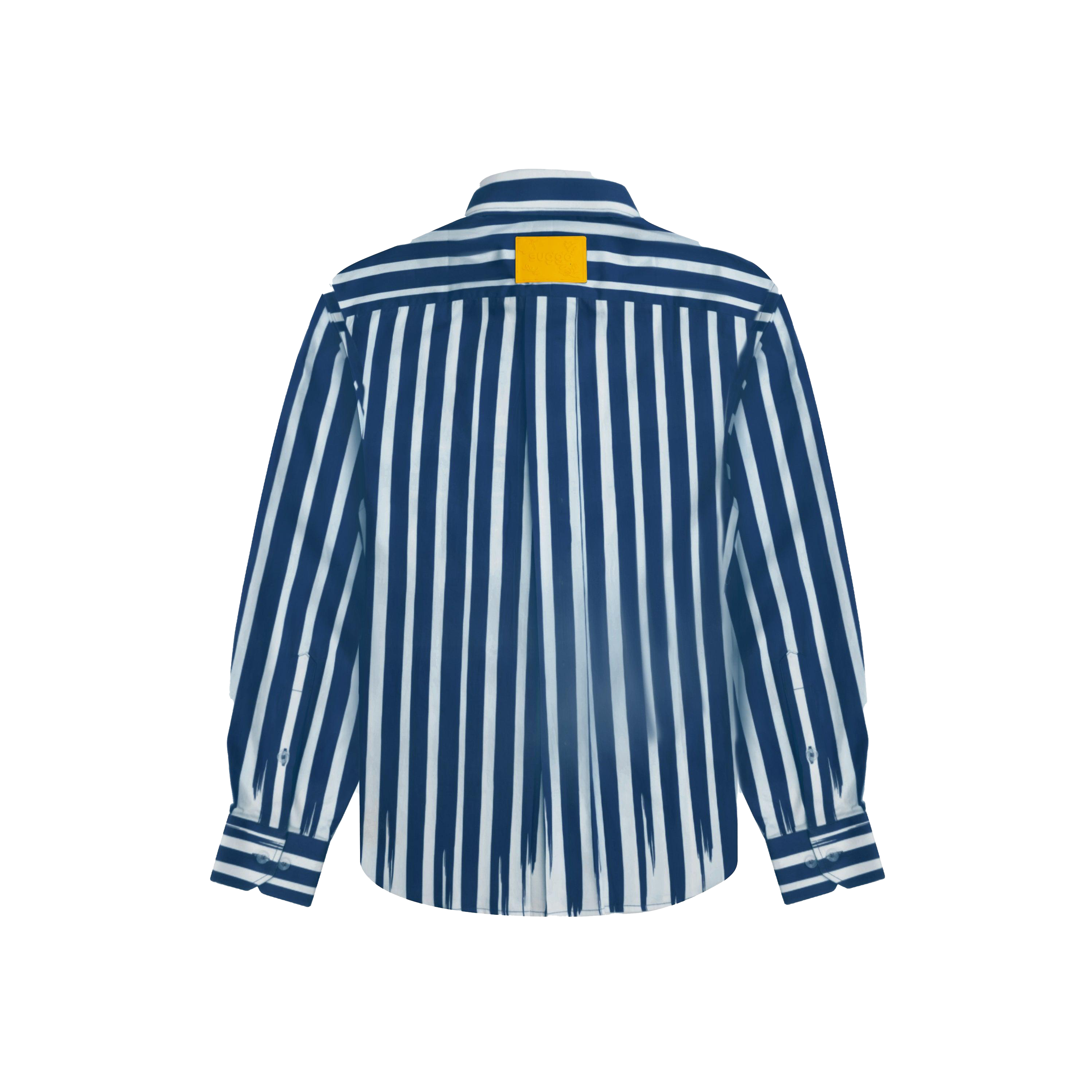 Blue and white vertical striped button-up shirt with yellow patch on the back