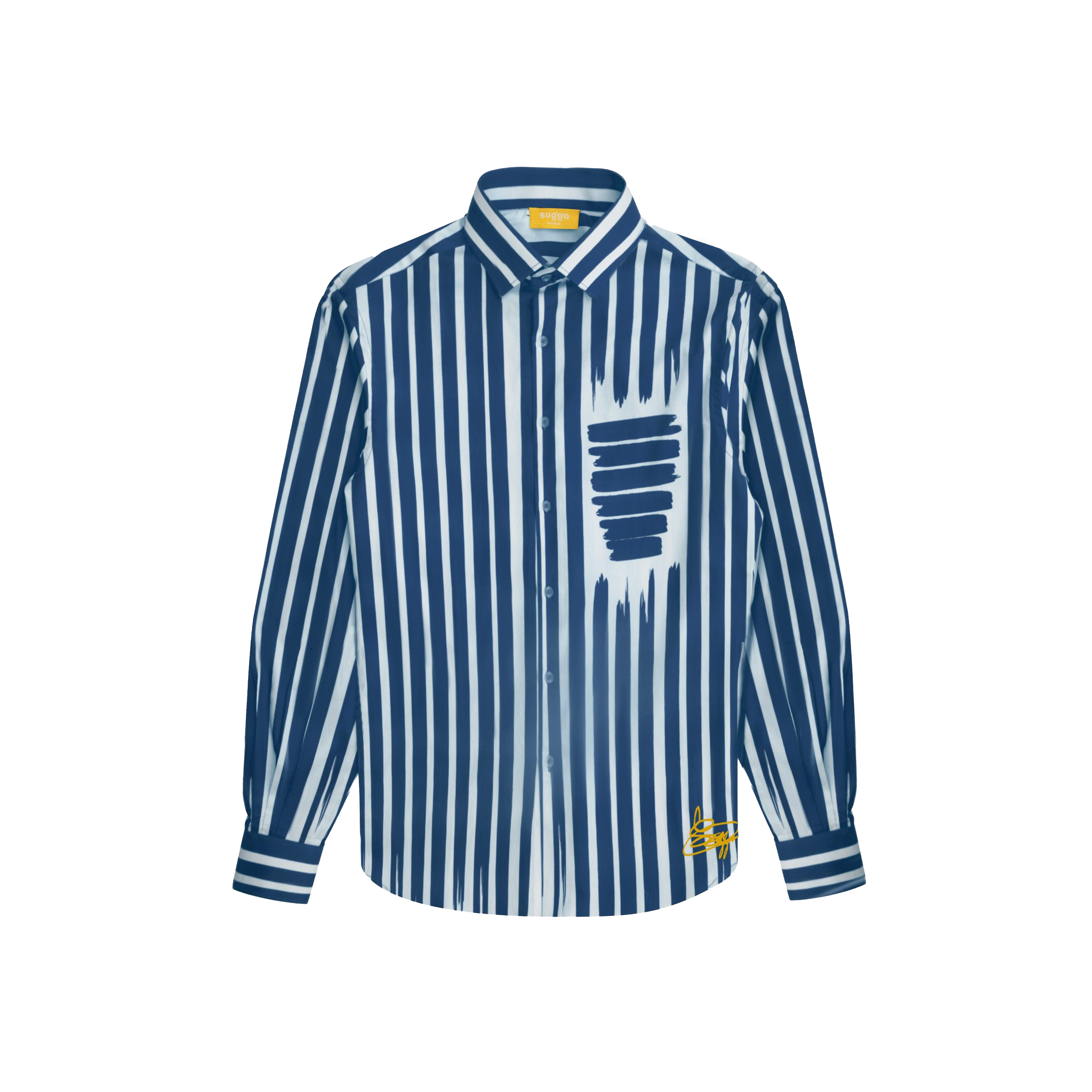 Blue and white vertical striped button-up shirt with artistic brushstroke pattern