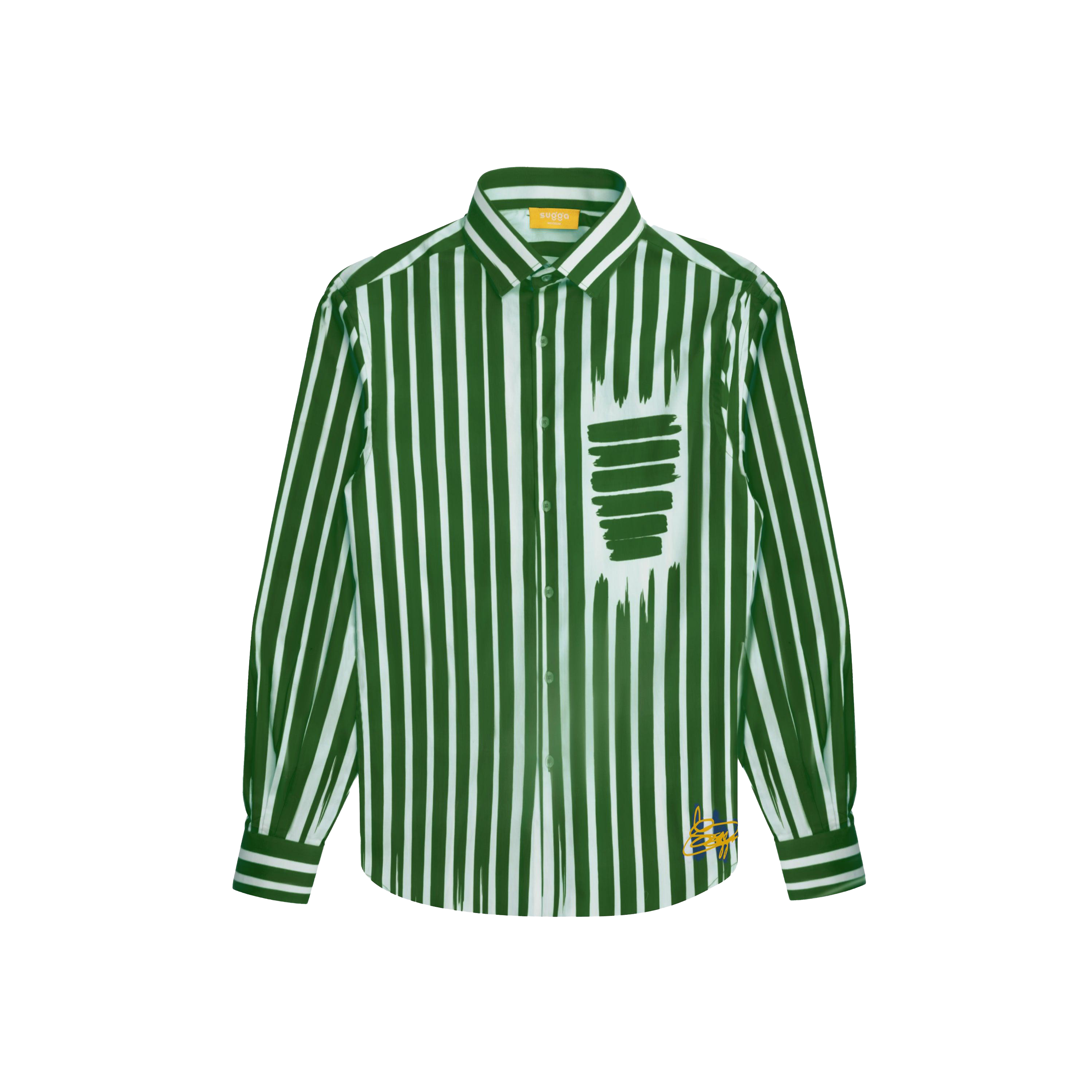 Green and white striped long sleeve streetwear shirt with abstract brushstroke pattern