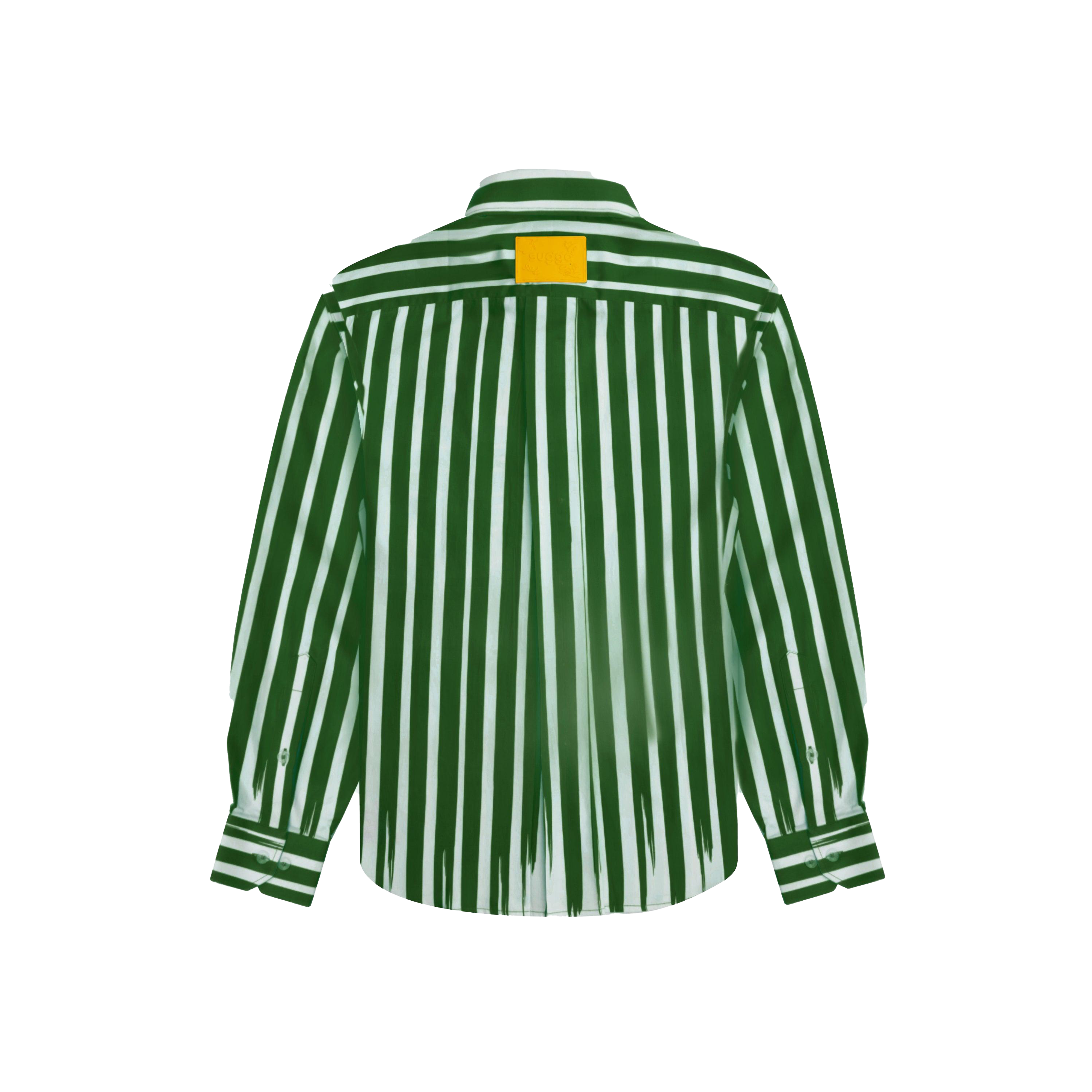 Green and white vertical striped long sleeve shirt with yellow patch on upper back