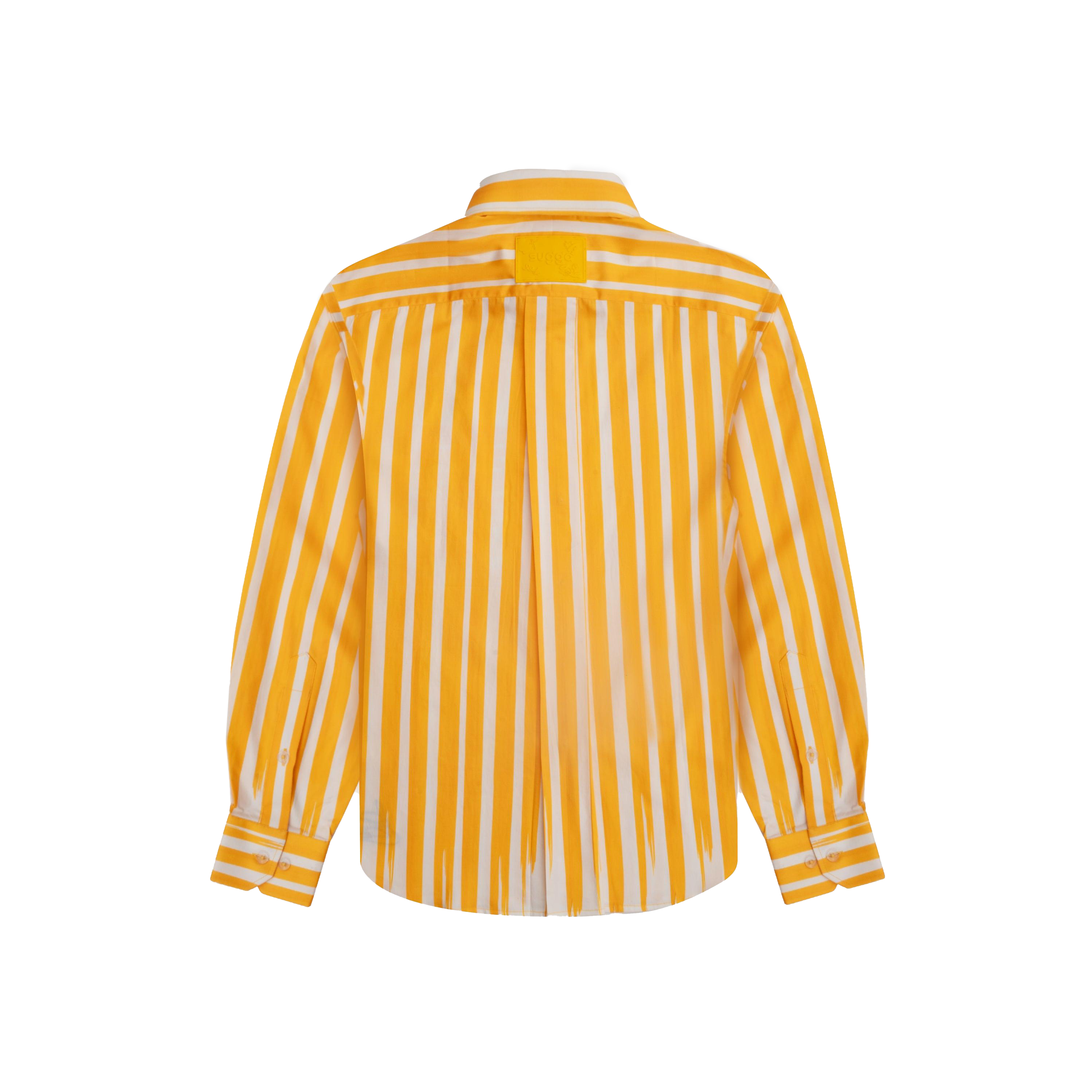 Yellow and white vertical striped long sleeve button-up shirt, back view