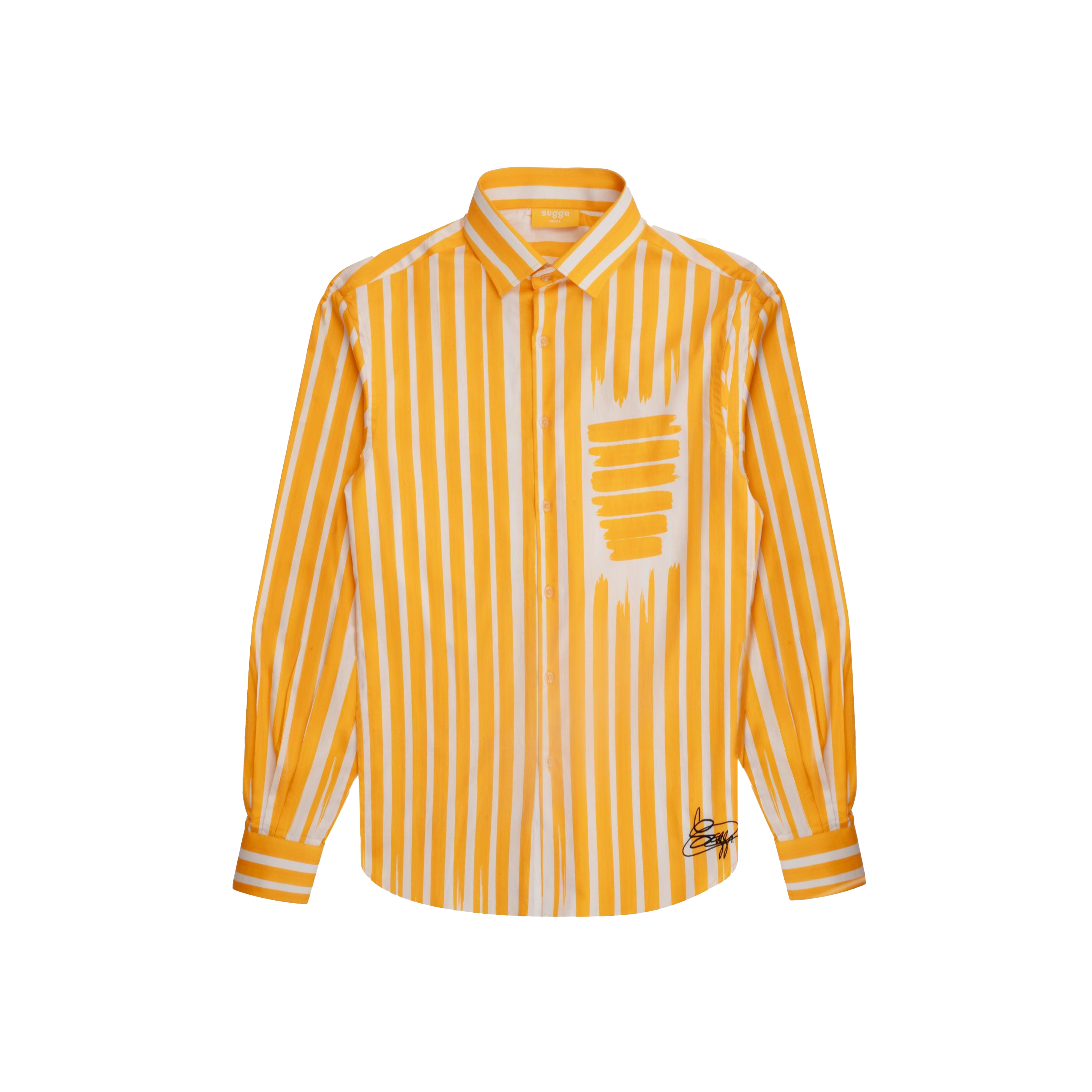 Yellow and white striped long sleeve button-up shirt with brushstroke details