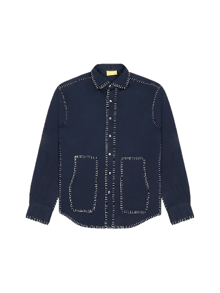 Navy blue streetwear shirt with contrast flatlock stitching and front pockets