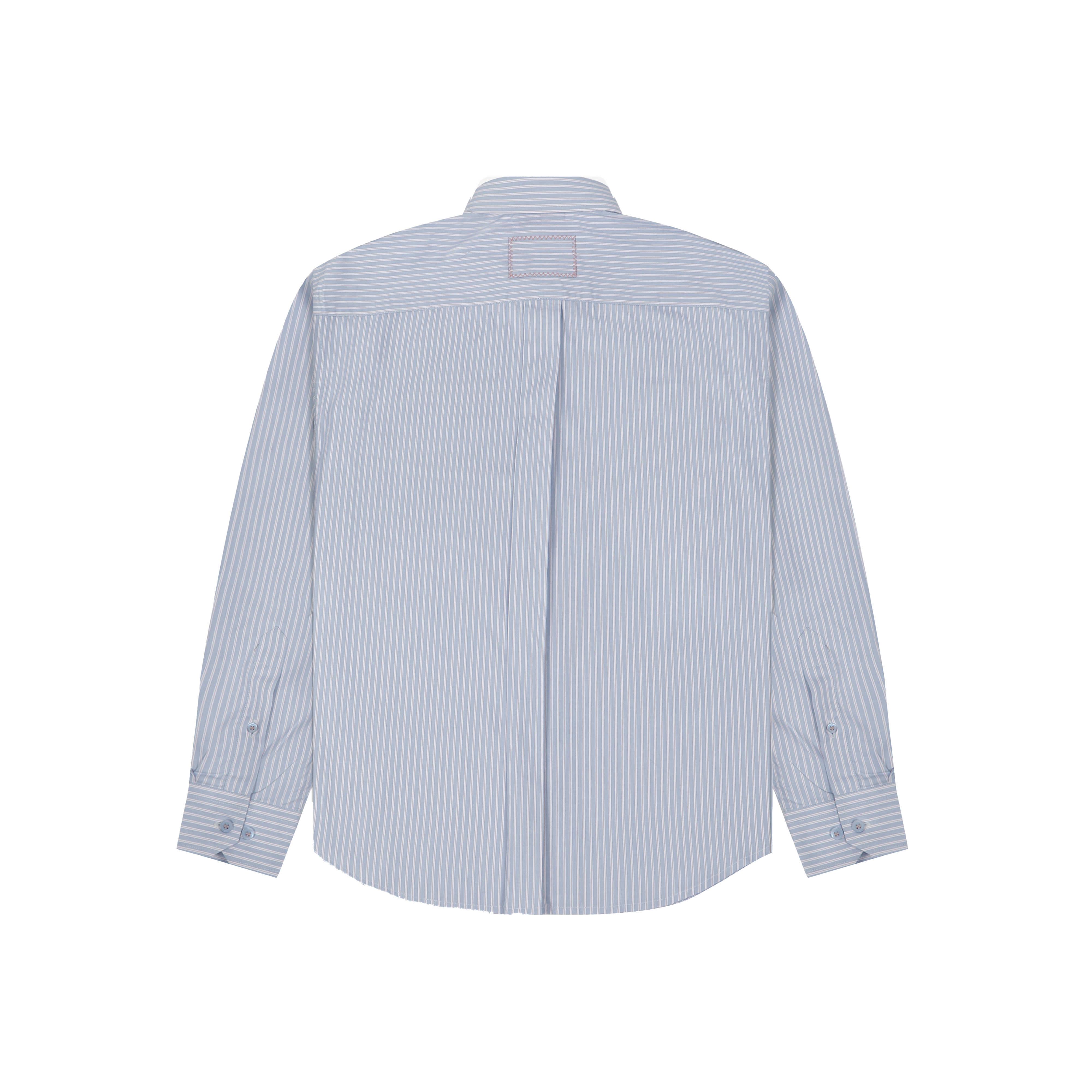 Back view of blue and white striped long sleeve button-up shirt, streetwear style
