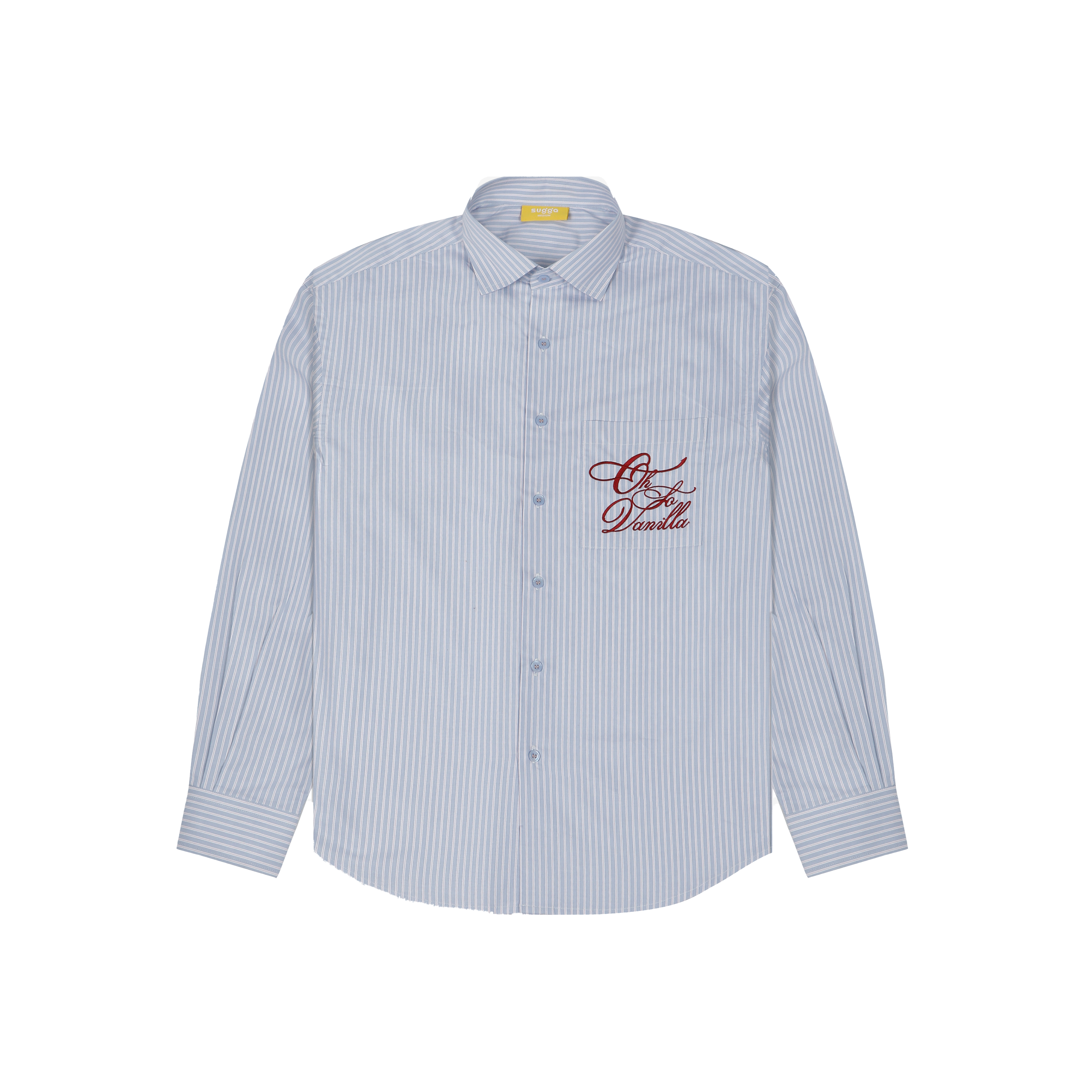 Light blue striped button-up shirt with red French Vanilla script embroidery on chest pocket