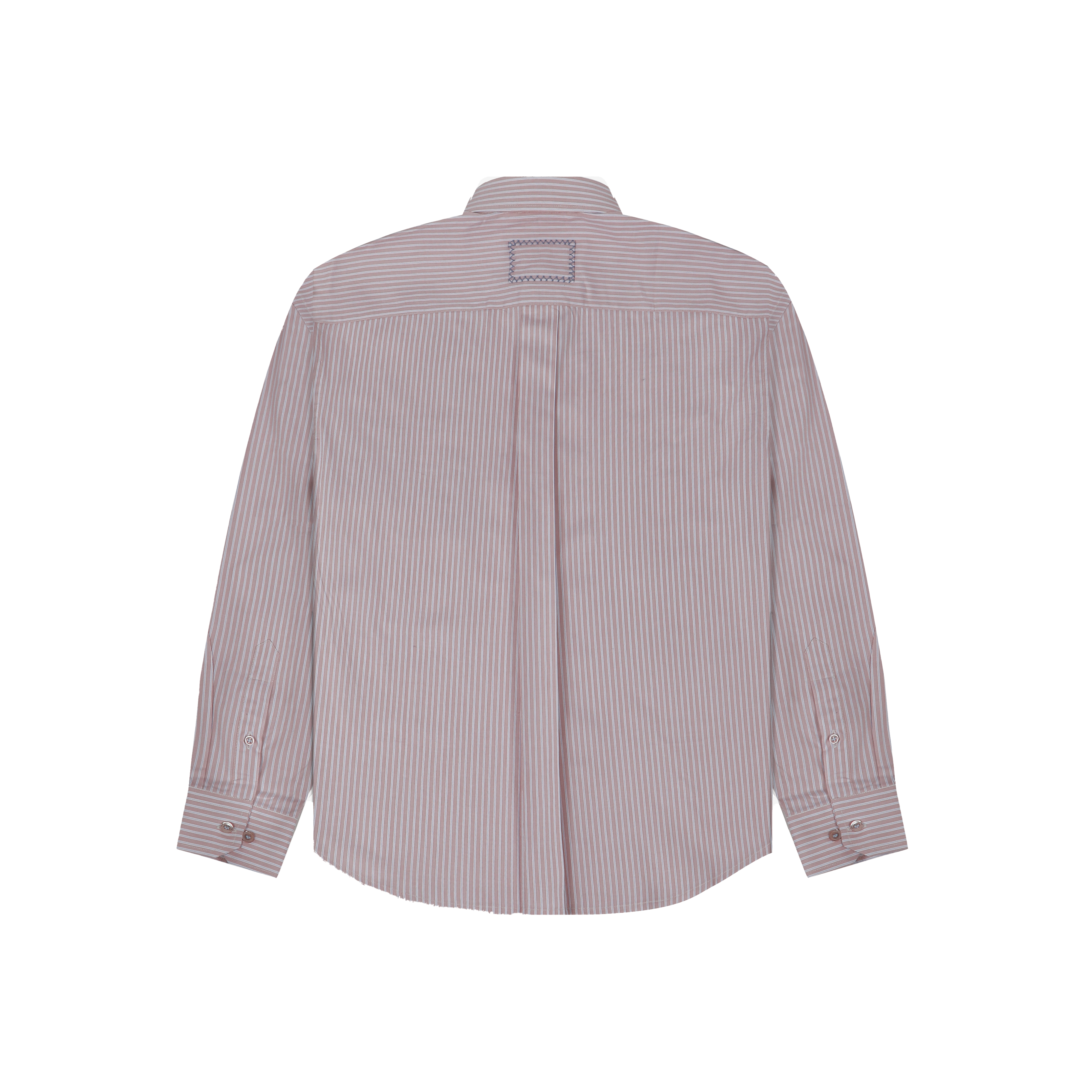 Back view of a long-sleeve pink and white striped button-down shirt