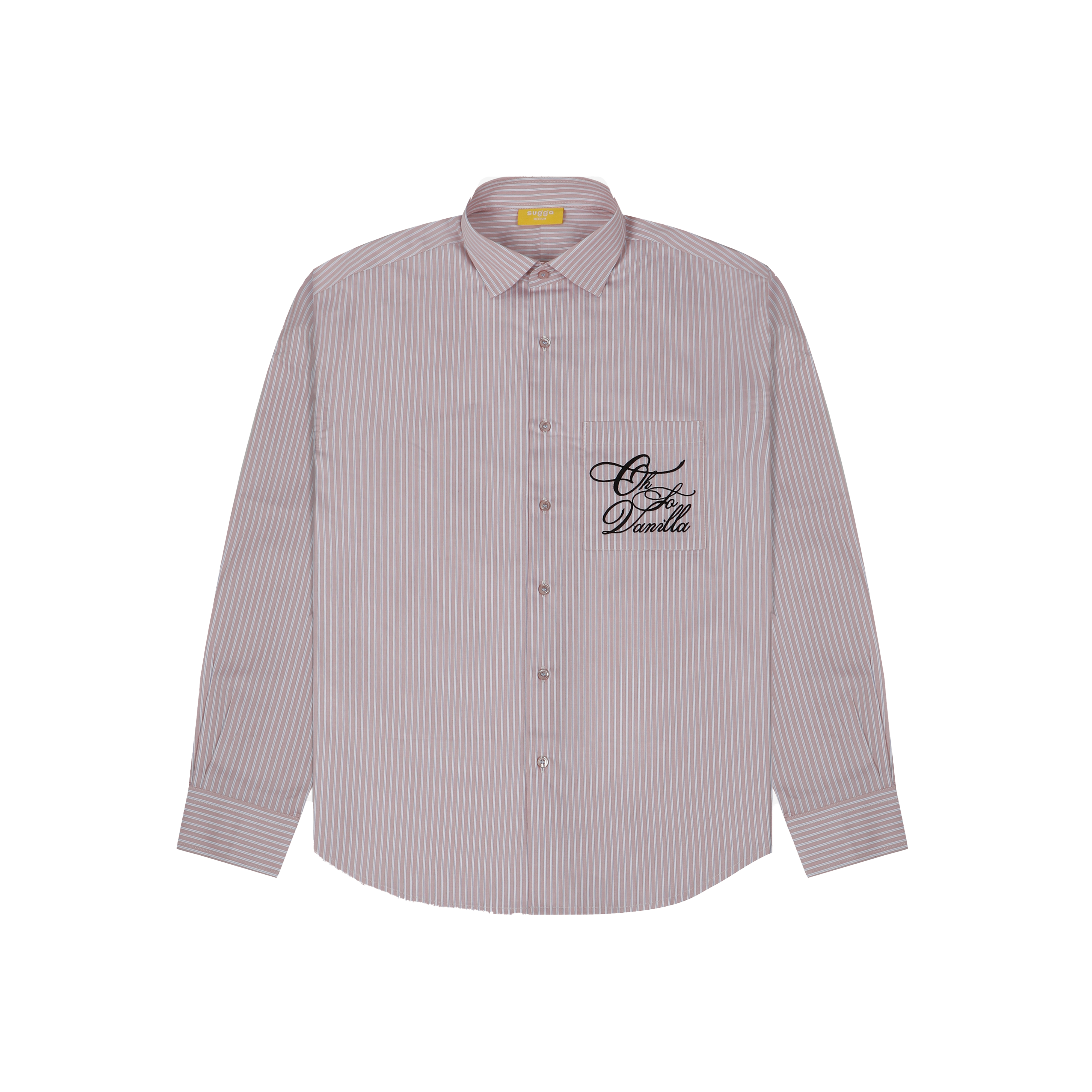 Pink and white striped button-up shirt with chest pocket and black script embroidery, streetwear style