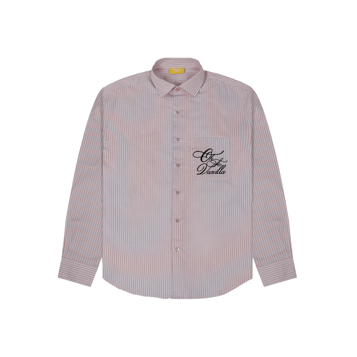 Pink and white striped button-up shirt with chest pocket and black script embroidery, streetwear style