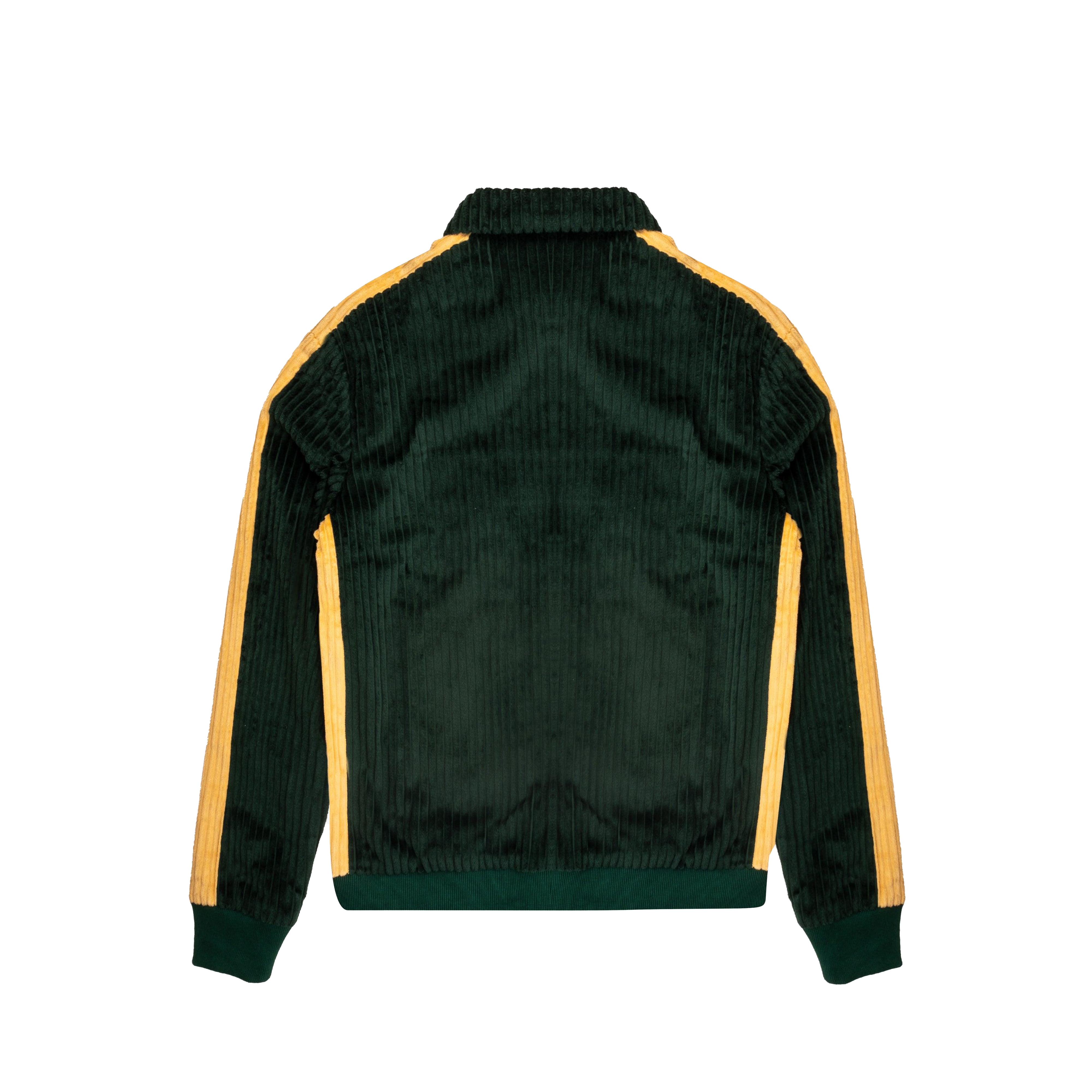Dark green corduroy track jacket with yellow side stripes, streetwear style, back view