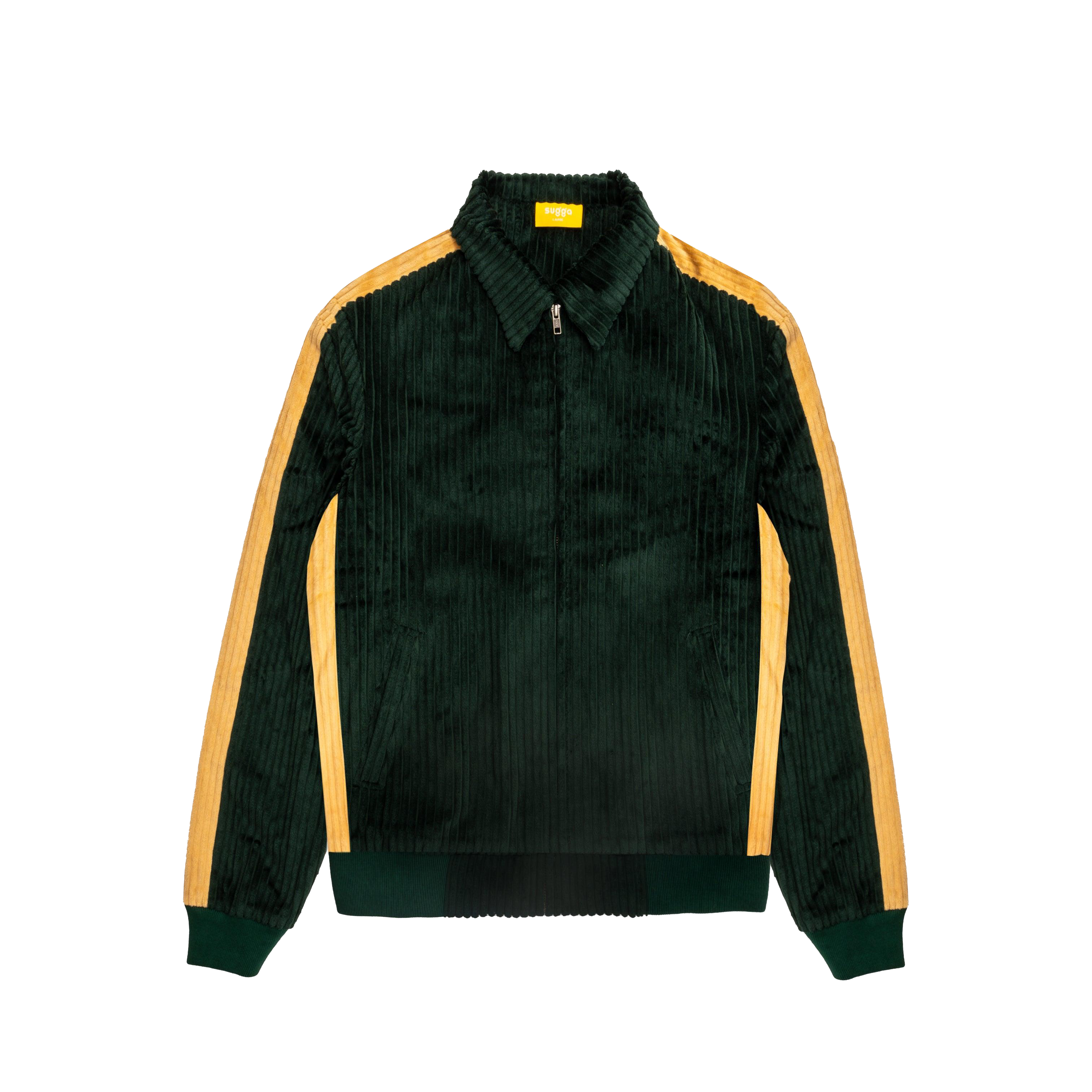 Men's green corduroy track jacket with yellow side stripes and zip closure, streetwear fashion