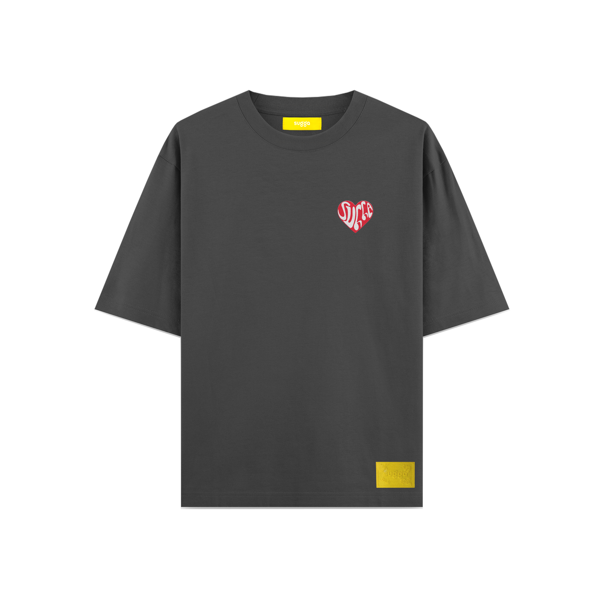 Dark grey streetwear t-shirt with red heart graphic and yellow label on the hem