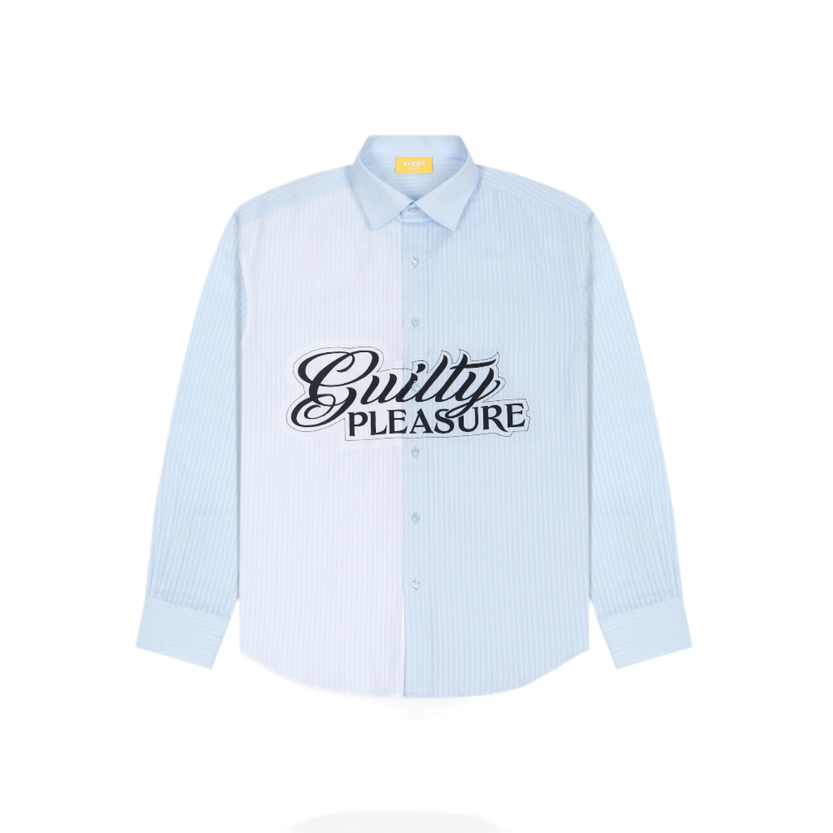 Light blue striped button-up shirt with 'Guilty Pleasure' text on chest, streetwear style.