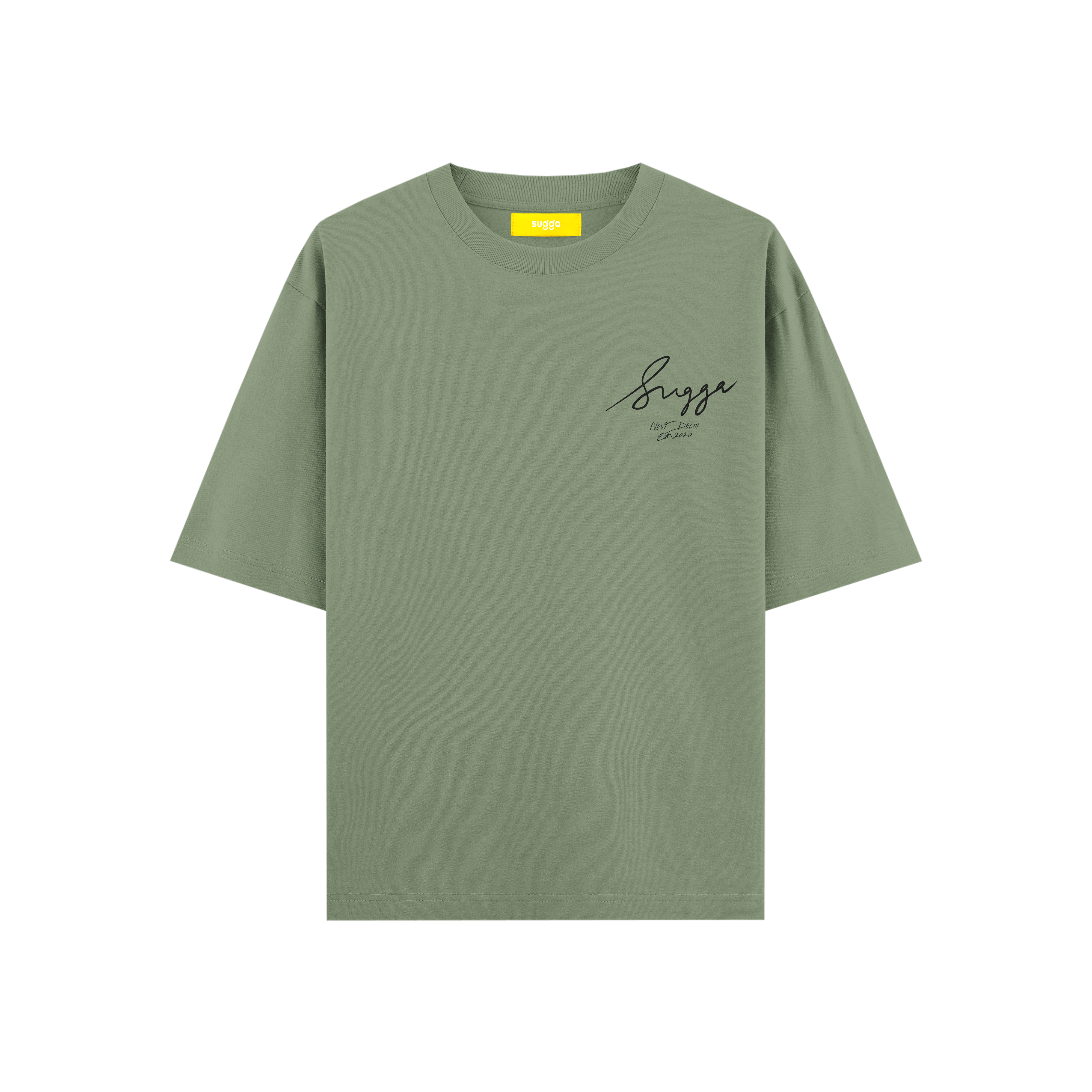 sage green streetwear t-shirt with handwritten script graphic on chest
