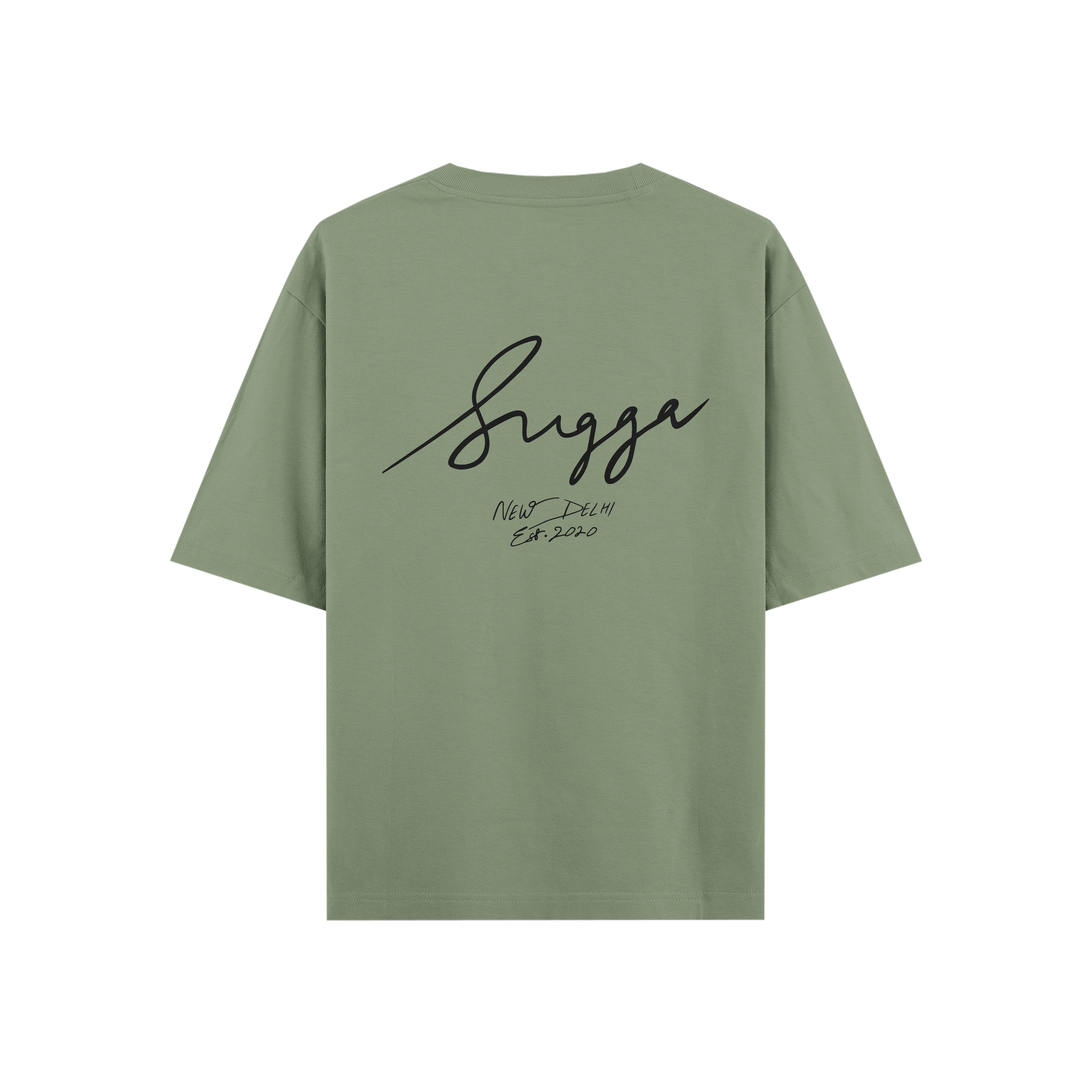 sage green streetwear t-shirt with black handwritten 'Sugga' text and New Delhi Est. 2020 on back