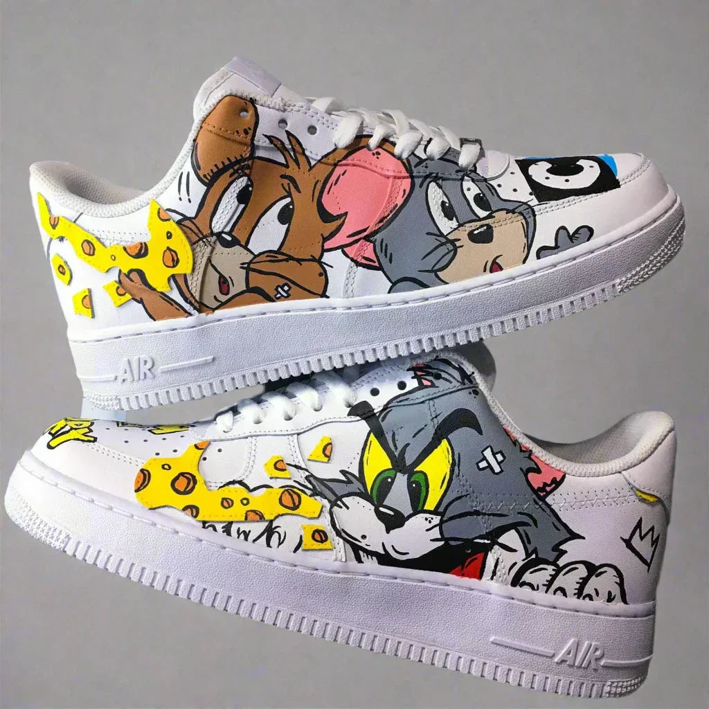White custom sneakers with hand-painted cartoon characters and cheese accents, streetwear style
