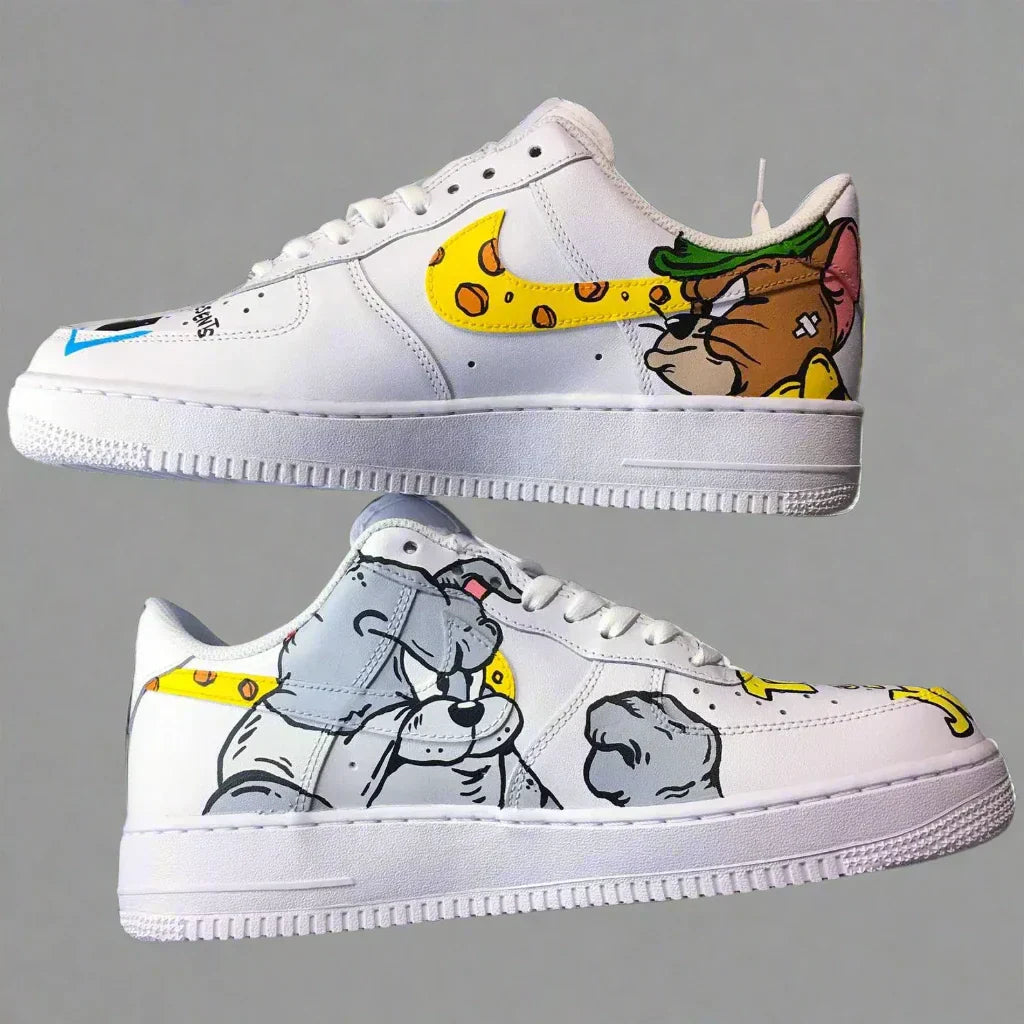 White custom sneakers with cartoon characters and cheese-themed Nike swoosh design.