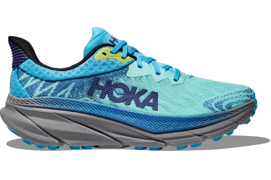 Light blue HOKA running sneaker with cushioned gray sole and patterned mesh upper.
