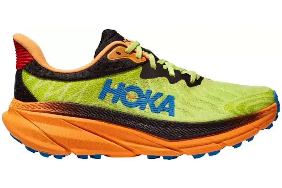 Lime green HOKA running shoe with blue logo, orange sole, and black and red accents