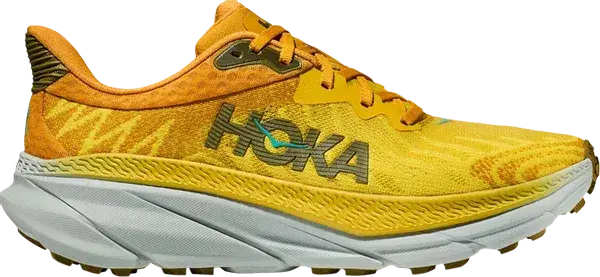 Yellow Hoka running sneaker with thick white sole and mesh upper, side profile