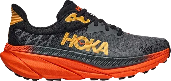 Black and orange HOKA running shoe with bold logo and cushioned sole, side profile