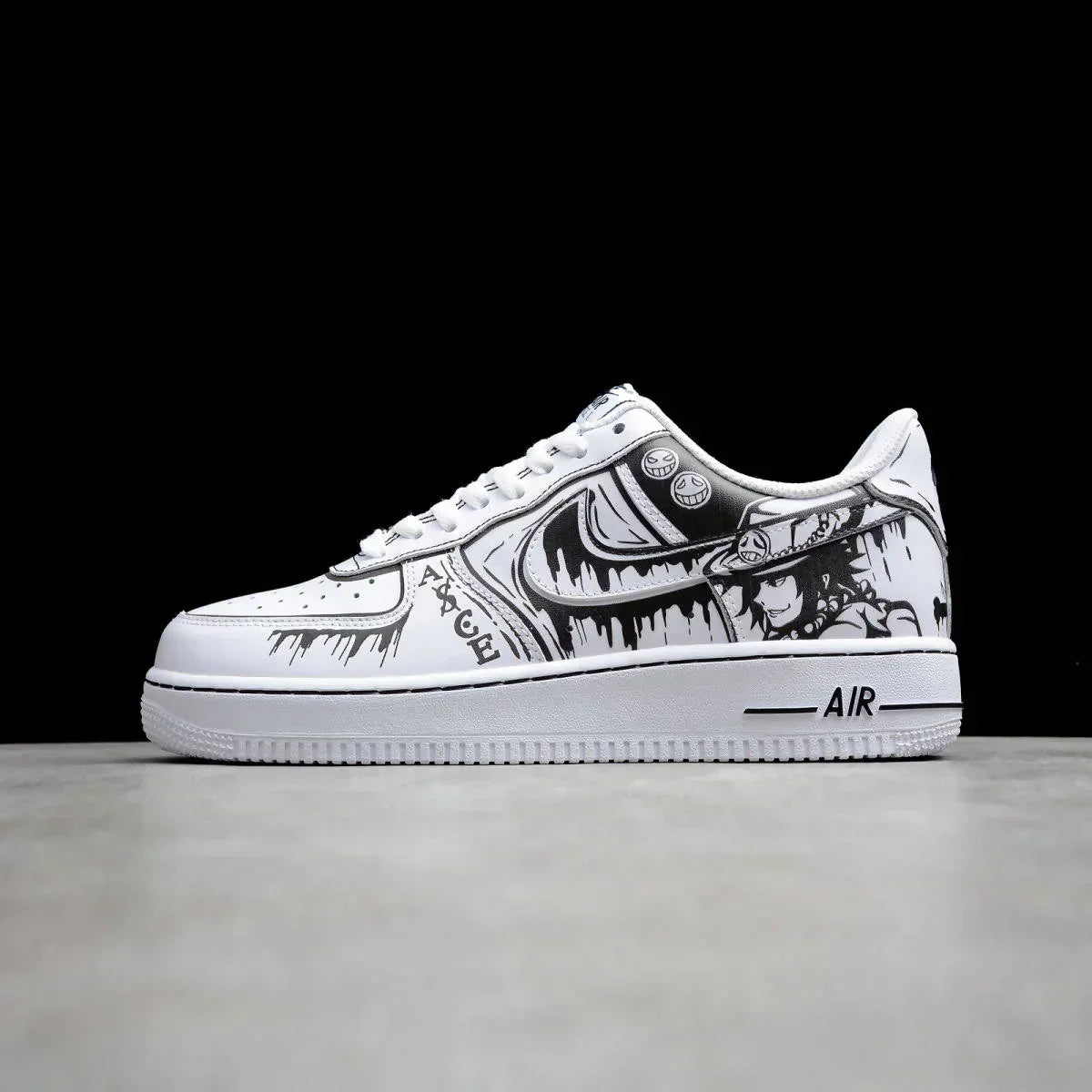 White custom sneaker with black anime character artwork and graffiti details, streetwear style