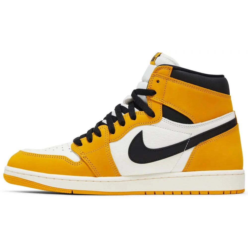 Yellow, black, and white high-top sneaker with black swoosh and black laces, side view
