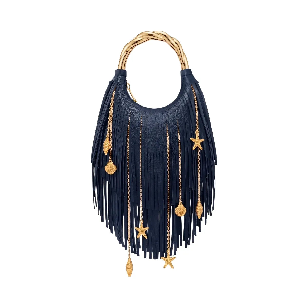 JW PEI Chloe Metal Handle Fringe Top Handbag Navy Blue