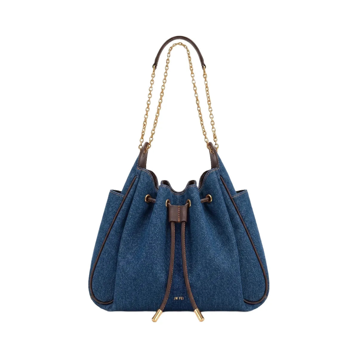 JW PEI Rowan Ruched Drawstring Chain Bucket Bag Dark Blue Denim