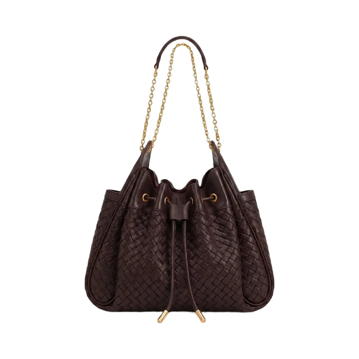 JW PEI Rowan Weaving Ruched Drawstring Chain Bucket Bag Dark Cherry